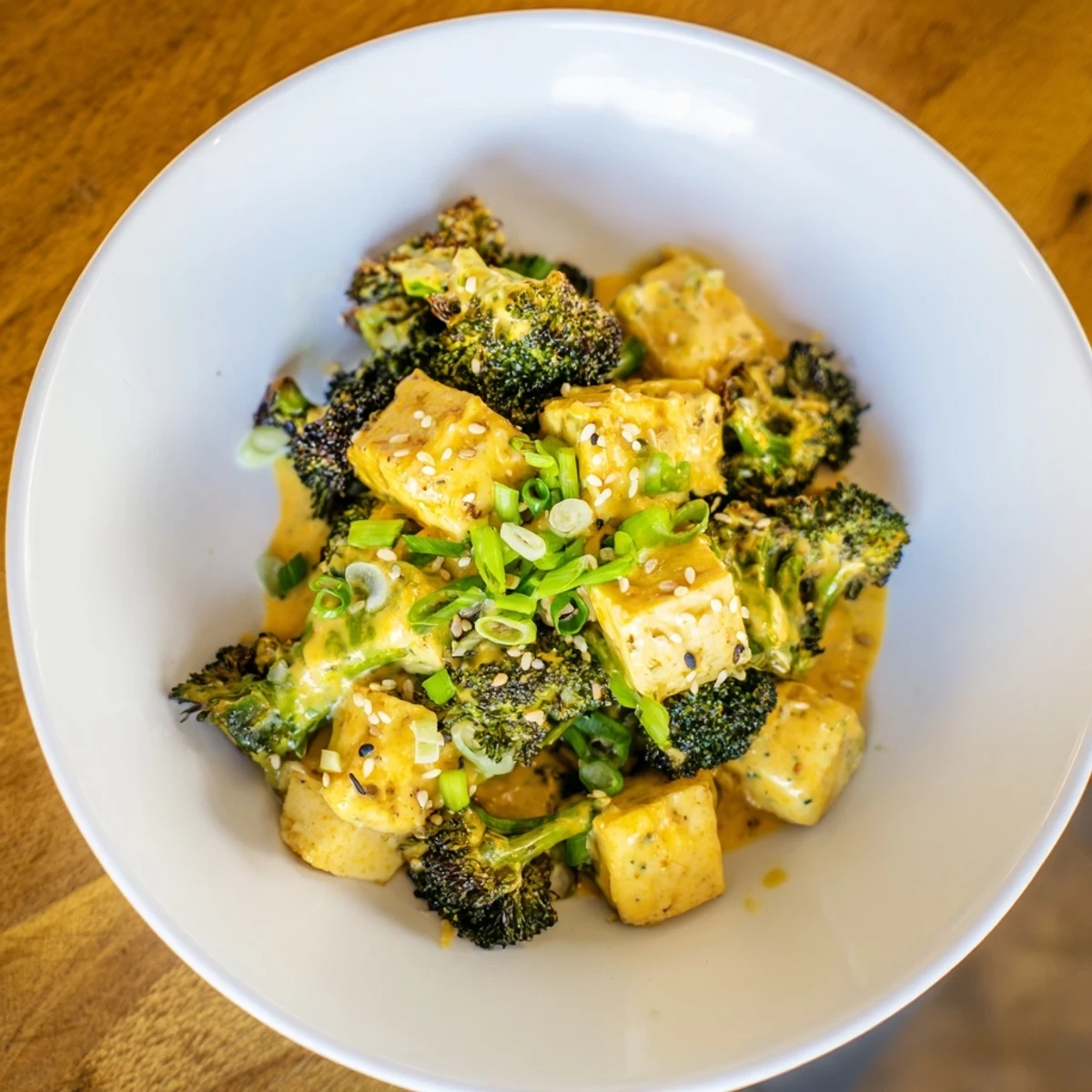 Golden, cheesy Cheesy Baked Tofu and Broccoli with glistening sesame seeds ready to serve.