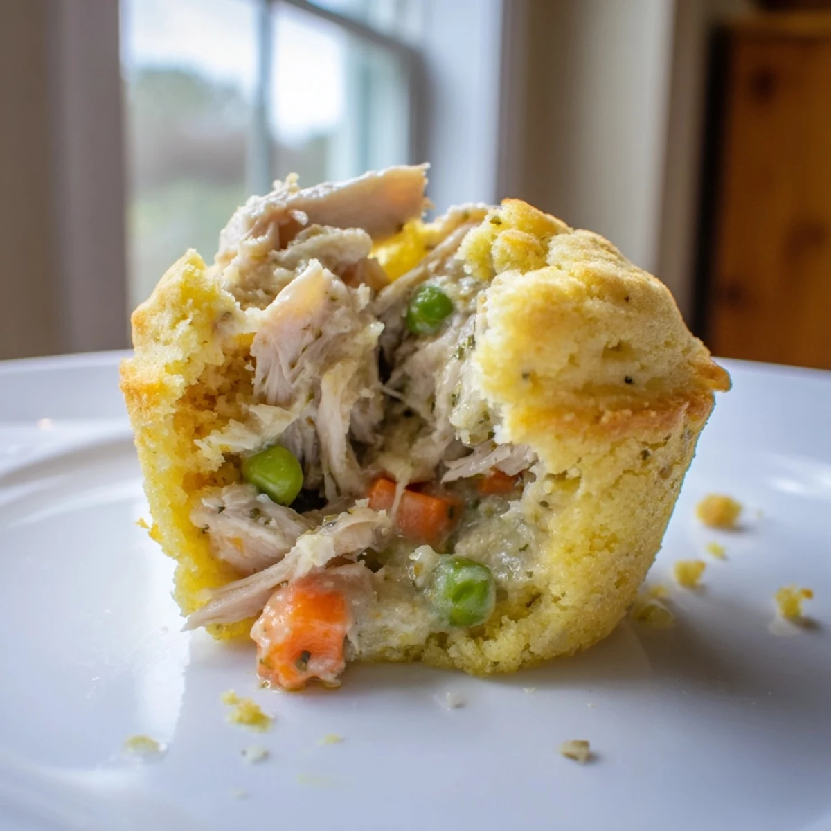 Golden-brown Chicken Pot Pie Cornbread Muffins, warm and crumbly, perfect for a comforting snack.