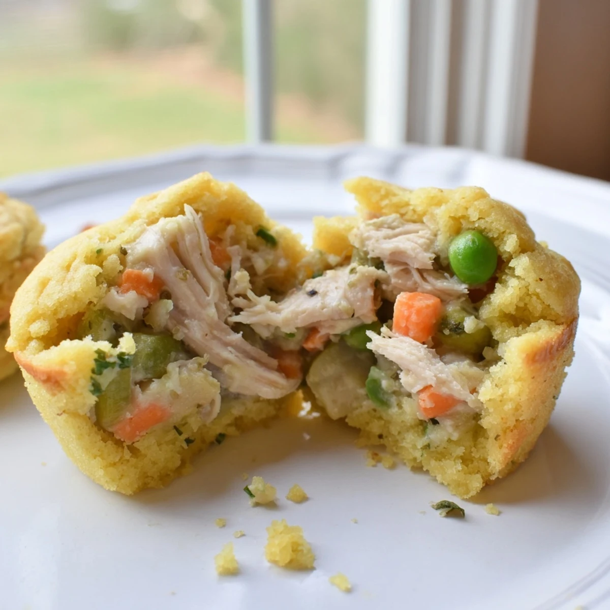 Miniature Chicken Pot Pie Cornbread Muffins overflowing with savory chicken filling, a delicious appetizer.