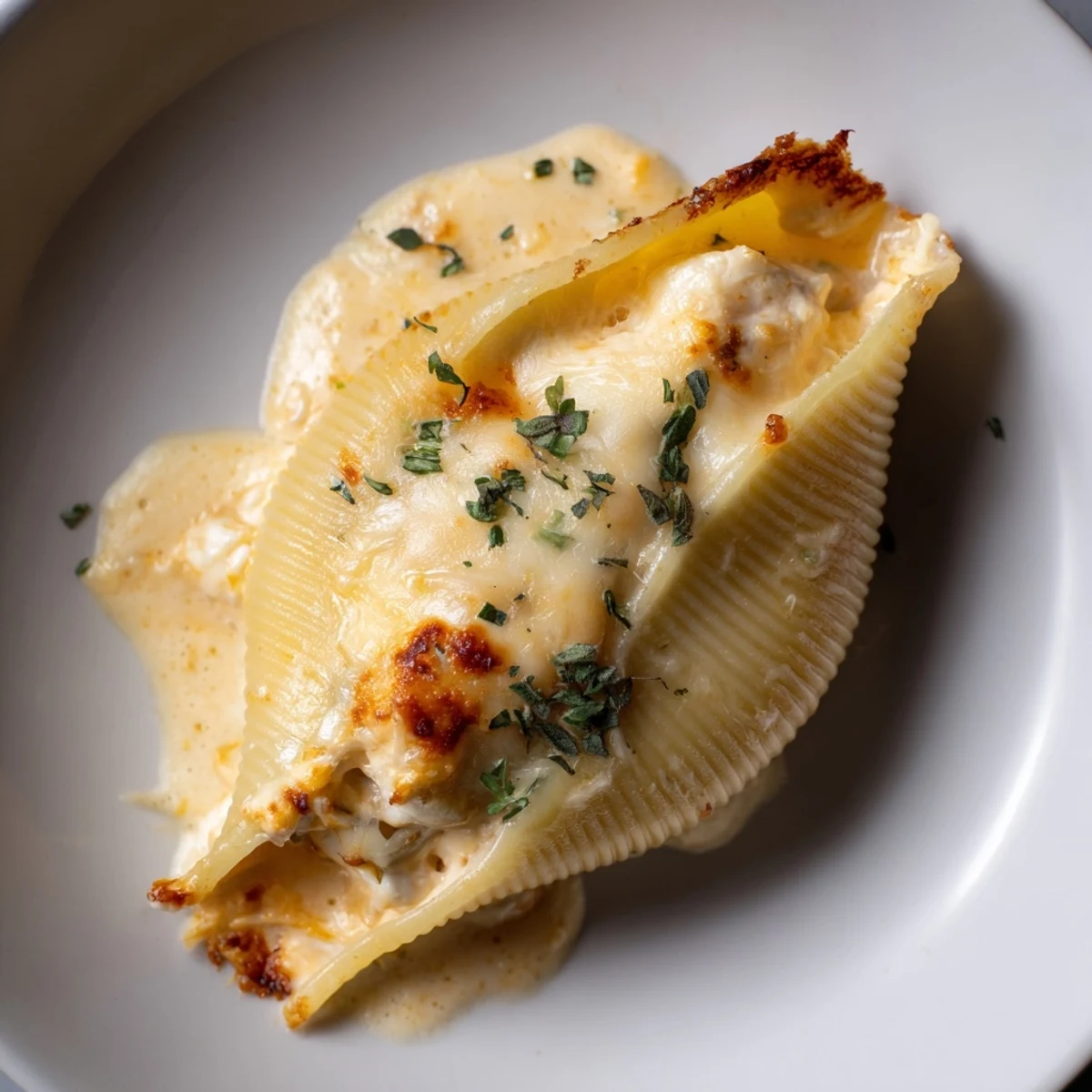 Golden, baked Pumpkin & Gouda Stuffed Shells, bubbling with a rich brown butter, sage Alfredo sauce.