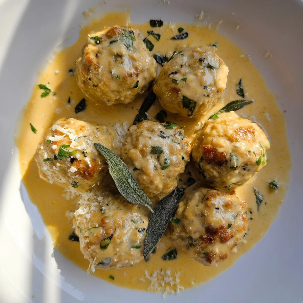 Delicious turkey meatballs are simmering in a creamy pumpkin sage sauce; imagine the aroma!