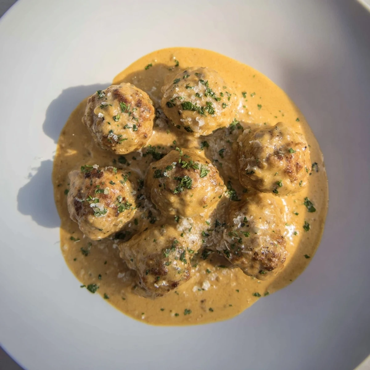 Golden-brown turkey meatballs, covered in rich pumpkin sage sauce, ready for dinner.