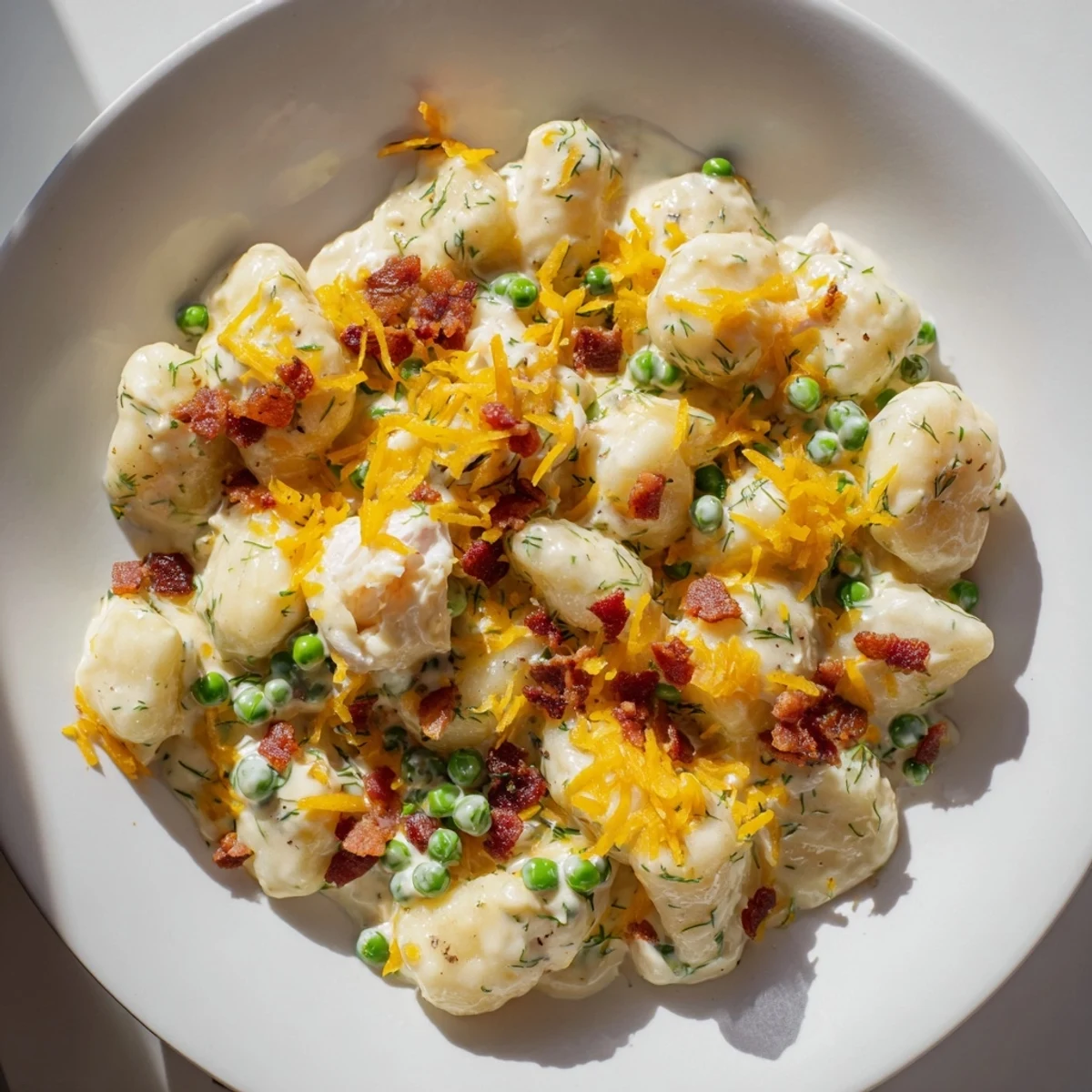 This photo shows Creamy Crack Chicken Gnocchi: golden chicken, pillowy gnocchi swimming in a creamy sauce.