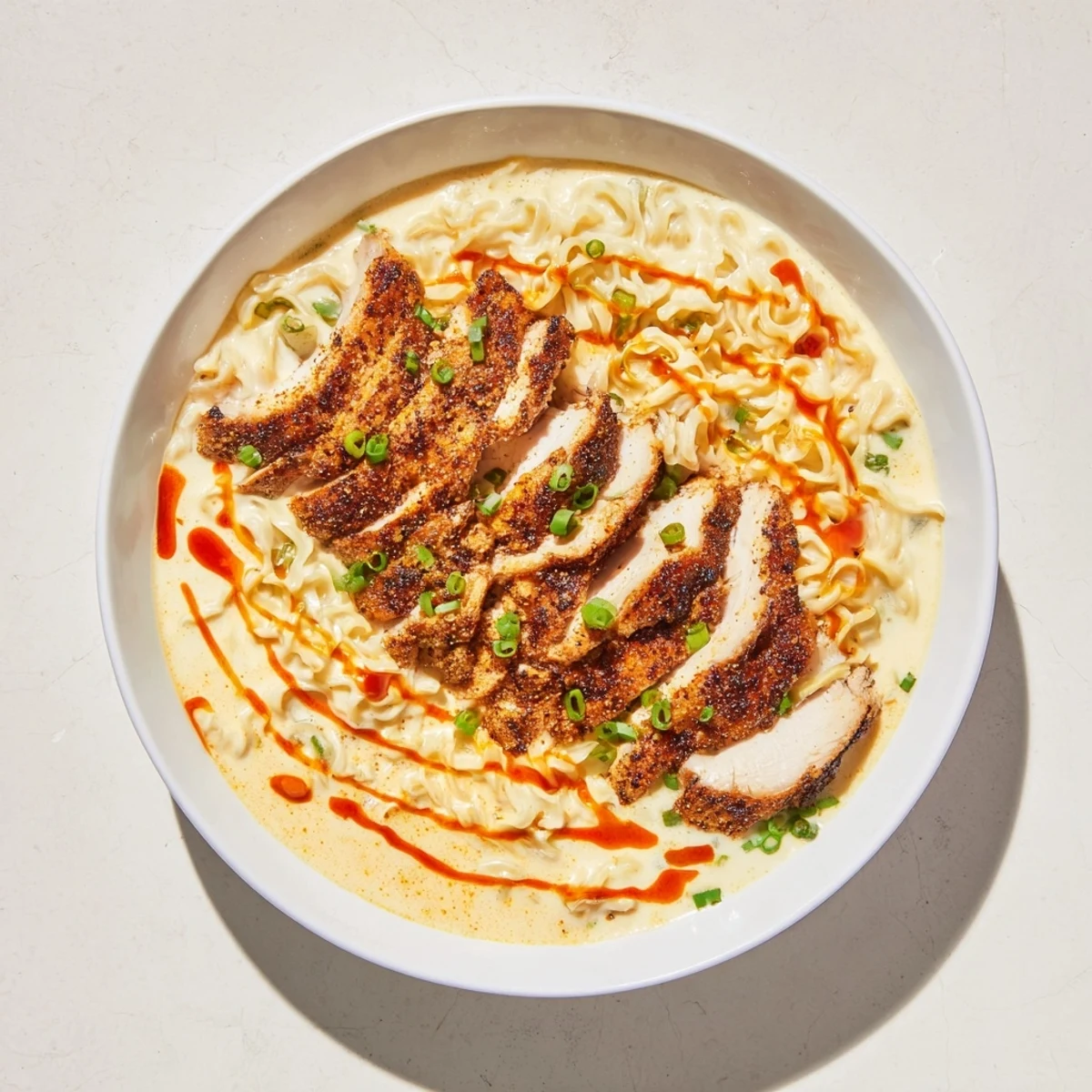 Steaming bowl of Fiery Chicken Ramen, showcasing tender chicken, creamy sauce, and fresh green onions.