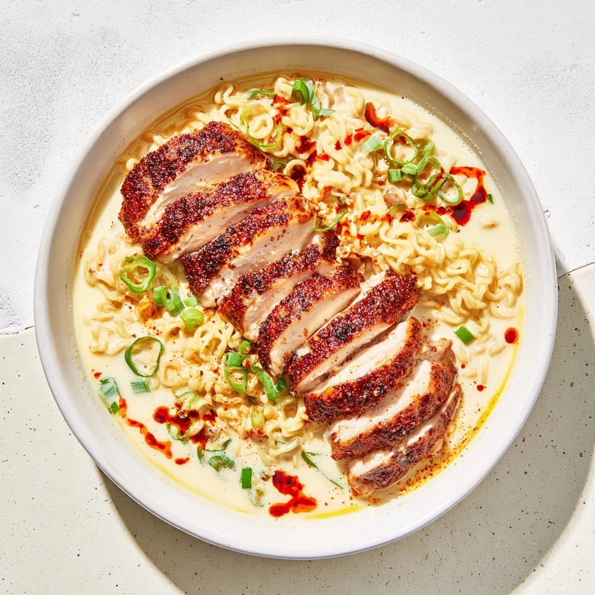 Enjoy this comforting bowl of Fiery Chicken Ramen, with a rich, creamy garlic sauce base and a spicy kick.