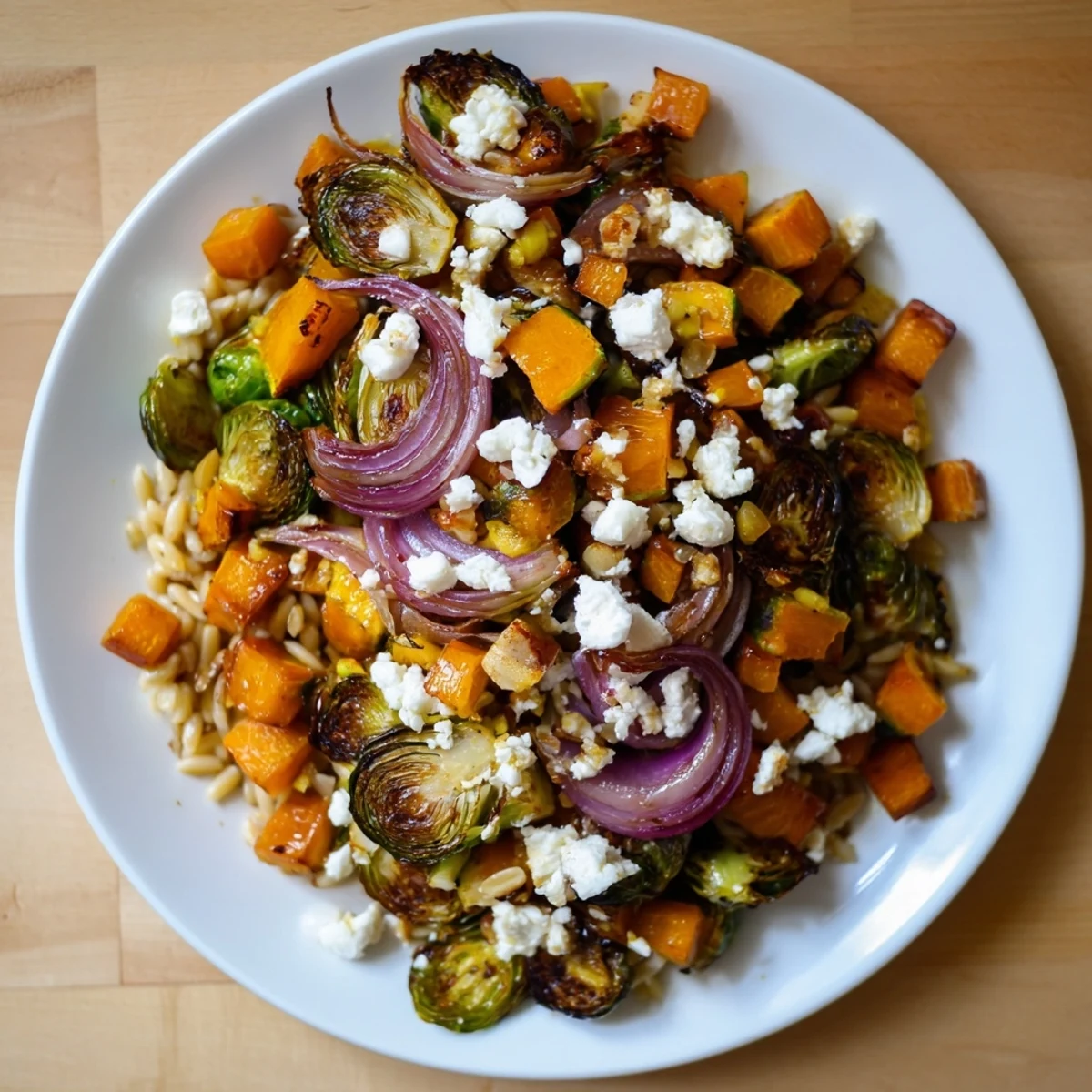 Tangy goat cheese tops a delicious, warm serving of Best Fall Harvest Orzo Salad, perfect for fall.