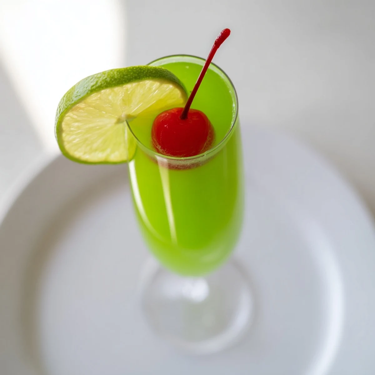 Vibrant, refreshing Quick Grinch Mimosa Mocktail, ready to serve, a kid-friendly Christmas beverage.