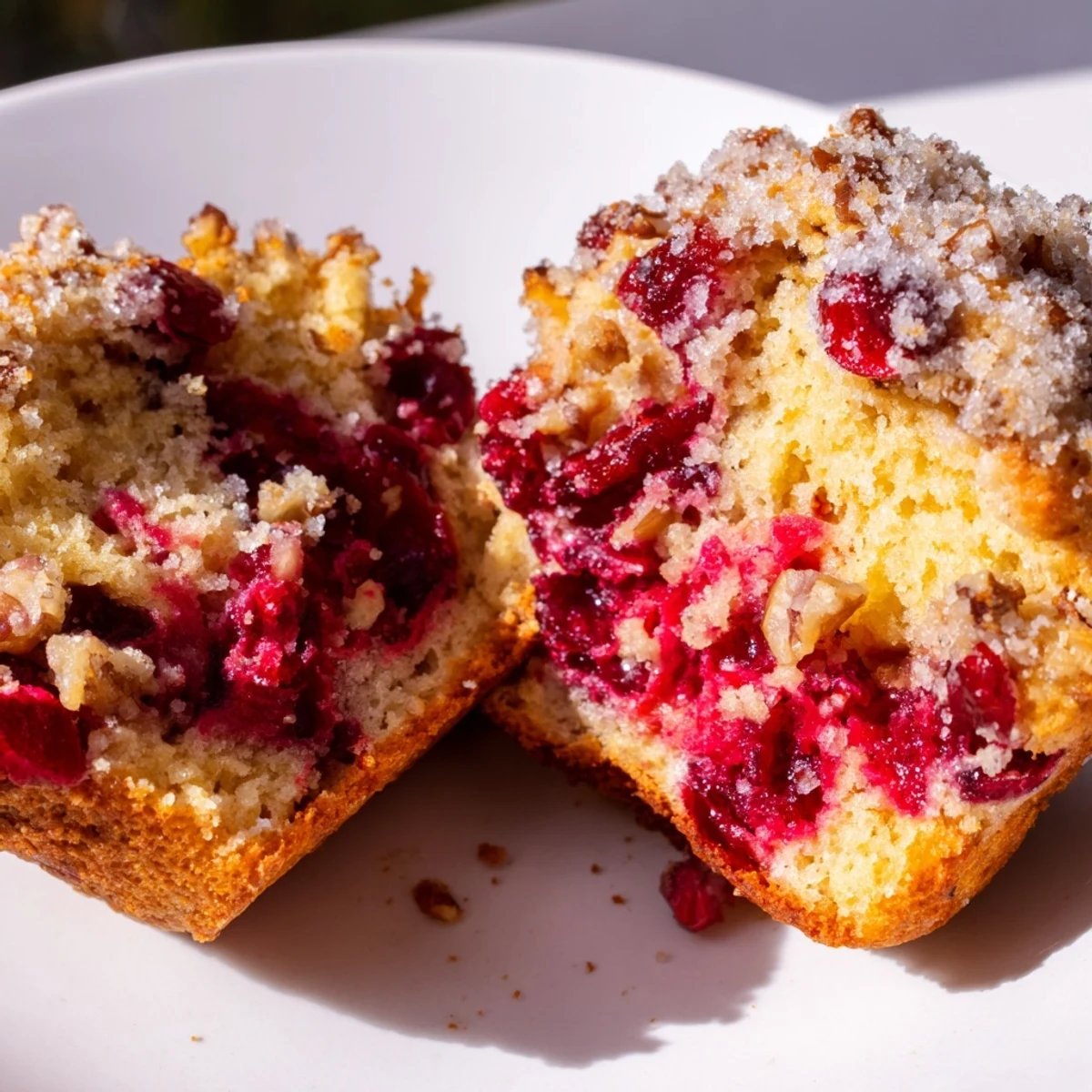 A close-up of freshly baked Quick Festive Cranberry Orange Muffins, bursting with juicy cranberries and zest.