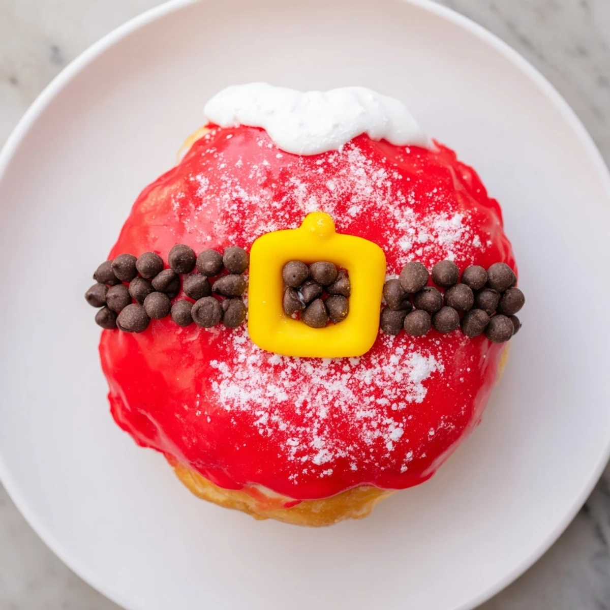 Golden-brown Santa Belly Donuts showcase a bright red glaze and chocolate belt details, perfect for gifting.