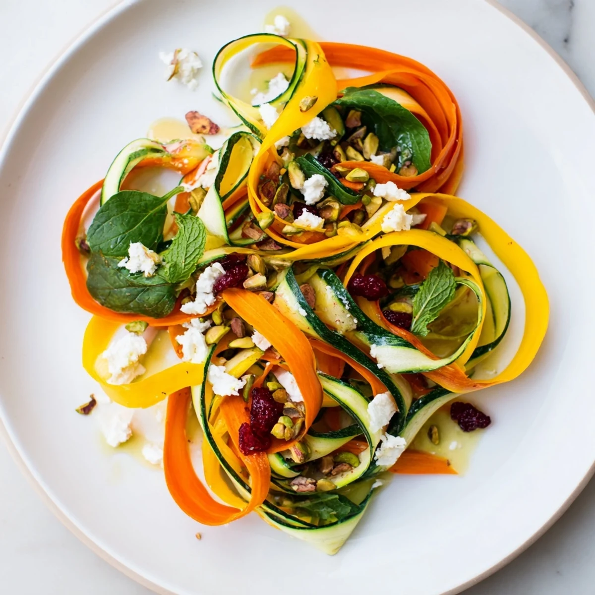Vibrant Pistachio and Cranberry Ribbon Salad layered with colorful veggie ribbons, ready to serve and enjoy.