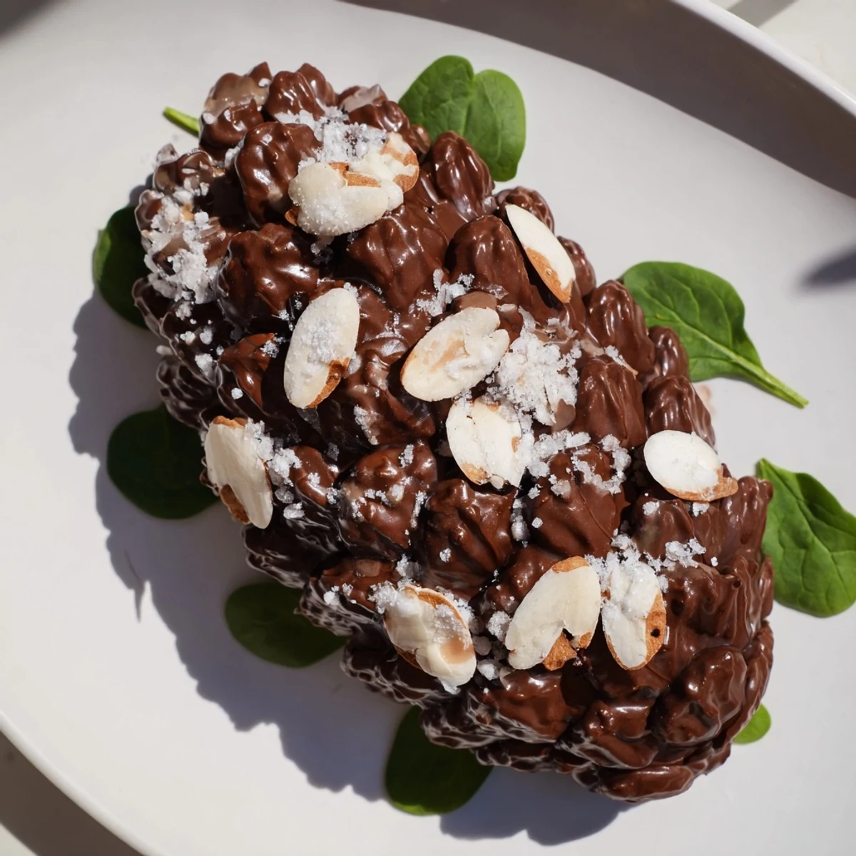 Close-up of a whimsical Coco Pop Chocolate Pinecone Dessert Salad, a crunchy chocolate treat.