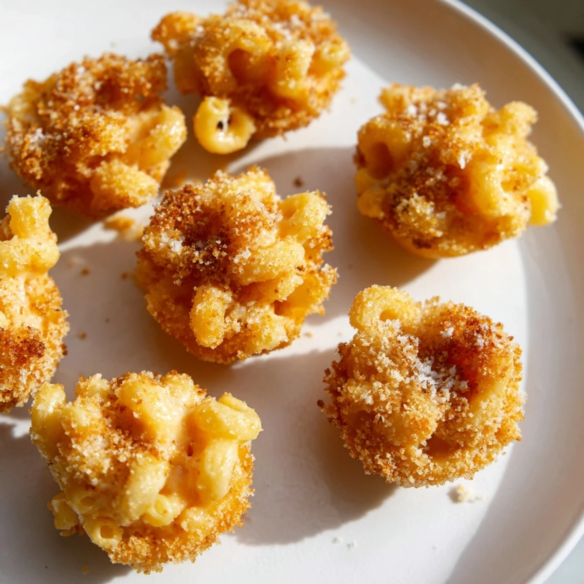 Crispy-coated ditalini mac and cheese bites, ready to eat, promising a delicious cheesy experience.
