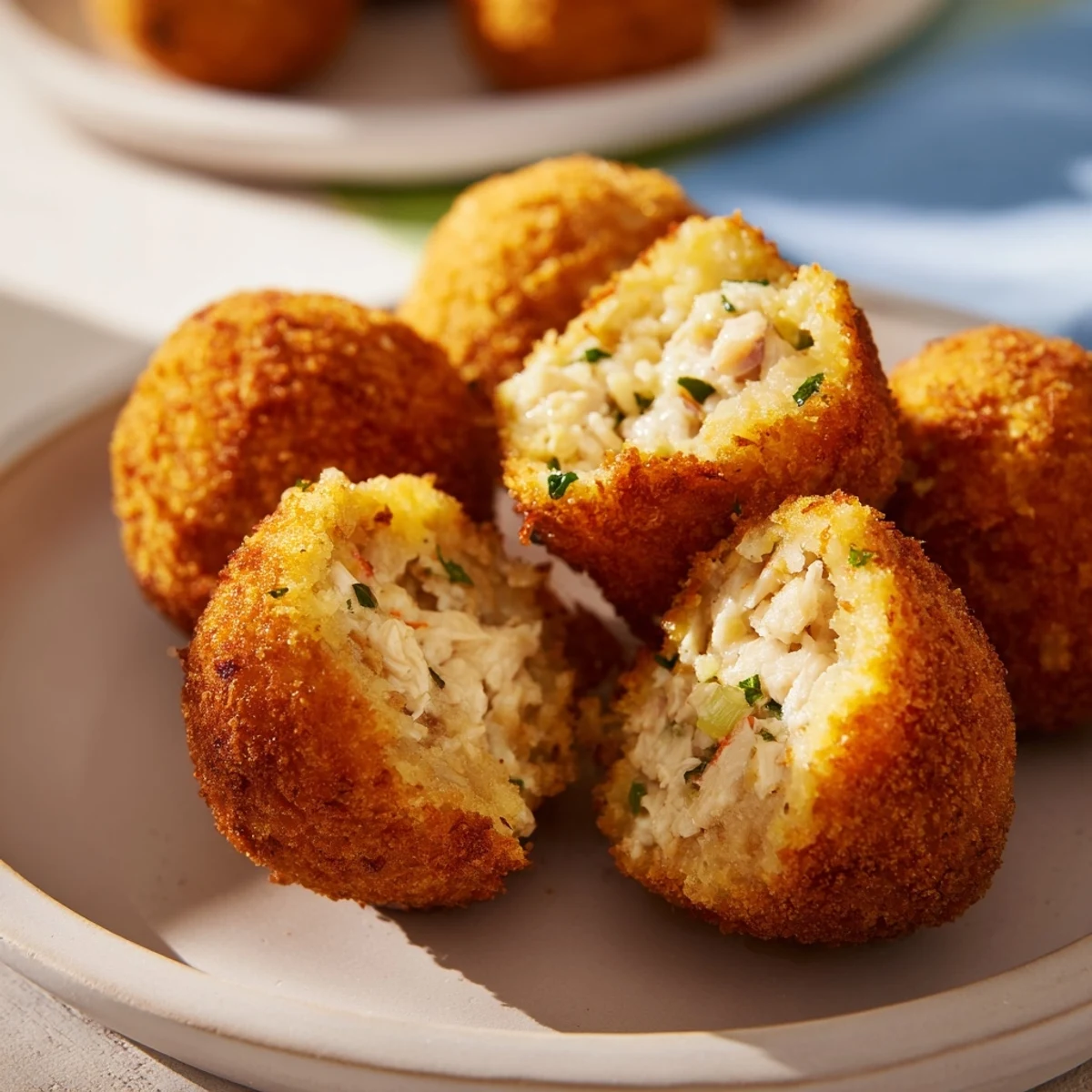 Golden-brown Creamy Chicken & Rice Arancini Balls ready to be served, a satisfying Italian appetizer.