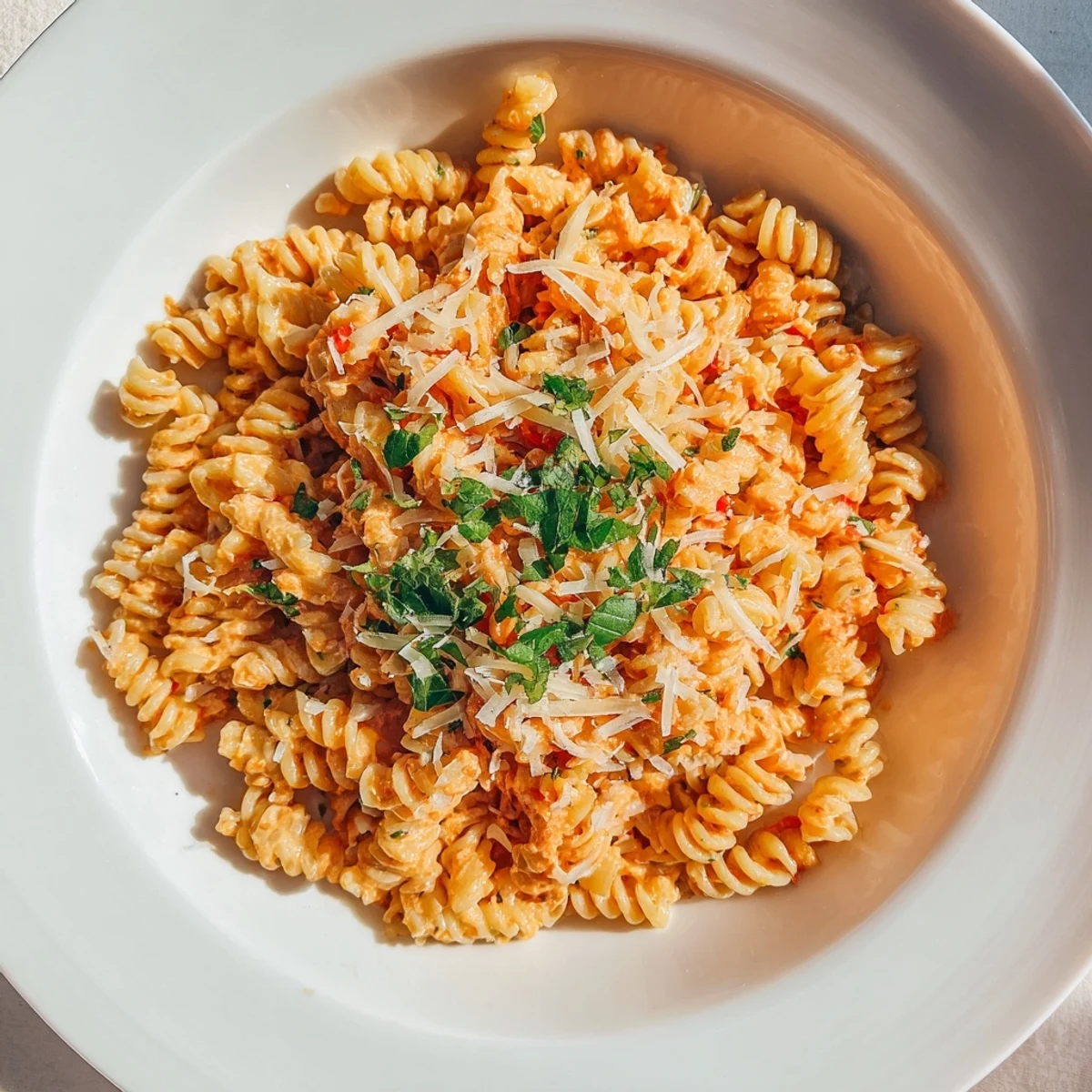 Steaming bowl of Spicy Vodka Sauce Ditalini, rich red sauce coating ditalini pasta, garnished with fresh basil.