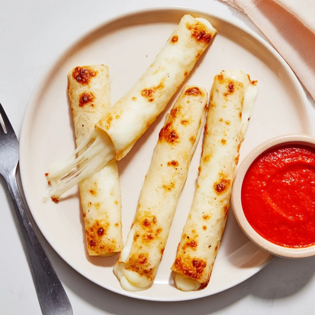 Enjoy the crispy, cheesy goodness of Air Fryer Mozzarella Stick Grilled Cheese Fingers alongside warm marinara sauce for dipping.