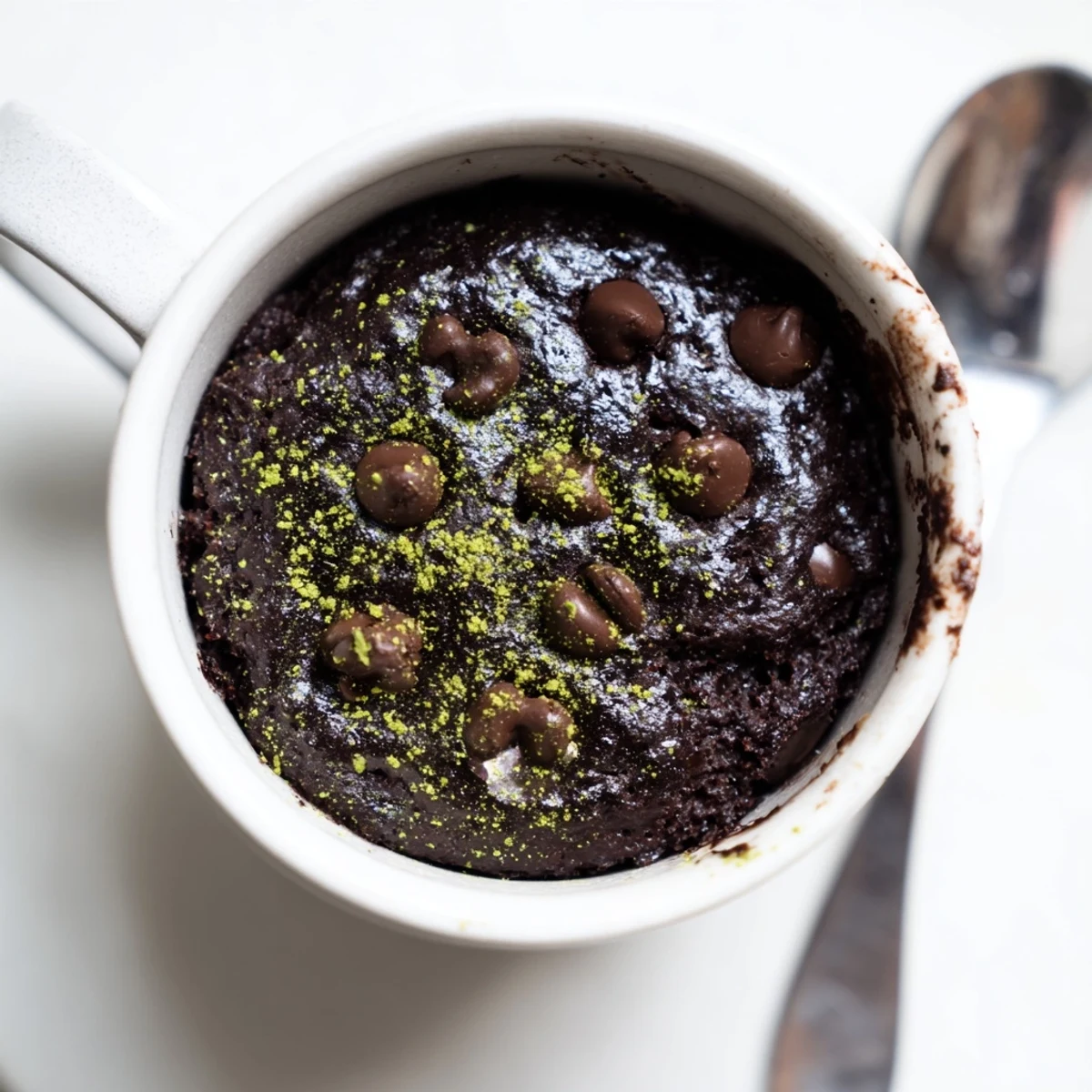 Warm Matcha Peppermint Brownie Batter Mug Cake, a quick, single-serve dessert, ready in your microwave.