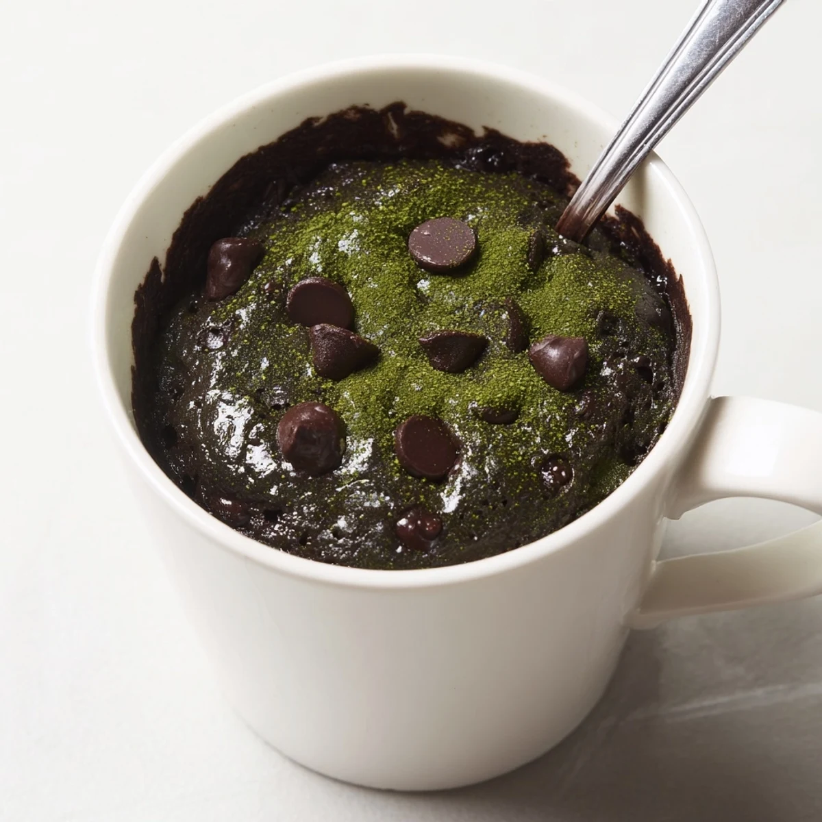 Steaming hot, the Matcha Peppermint Brownie Batter Mug Cake reveals chocolate chips in the fudgy center.
