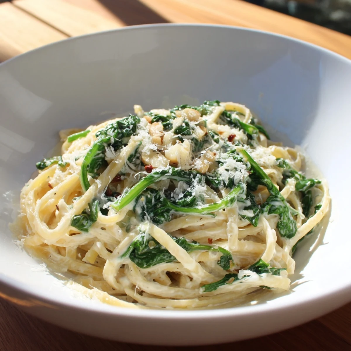 A steaming bowl of Creamy Greek Yogurt Spinach Alfredo Pasta, topped with fresh Parmesan.