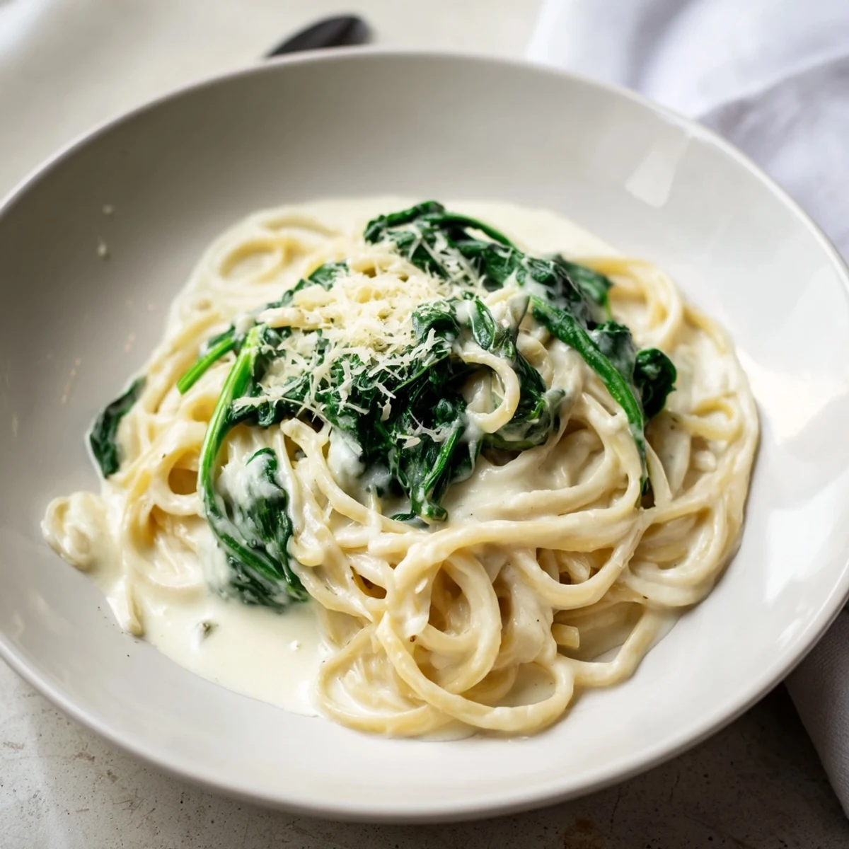 Vibrant photo of Creamy Greek Yogurt Spinach Alfredo Pasta with wilted spinach and creamy sauce.