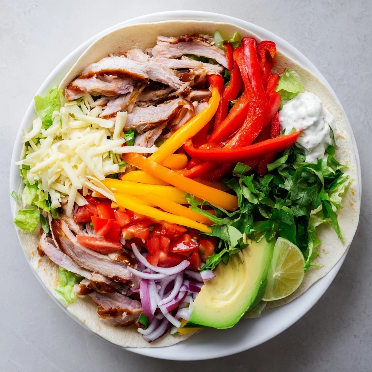A close-up shot of Sheet-Pan Fajita Chicken Rainbow Wraps, overflowing with fresh fillings and vibrant colors.