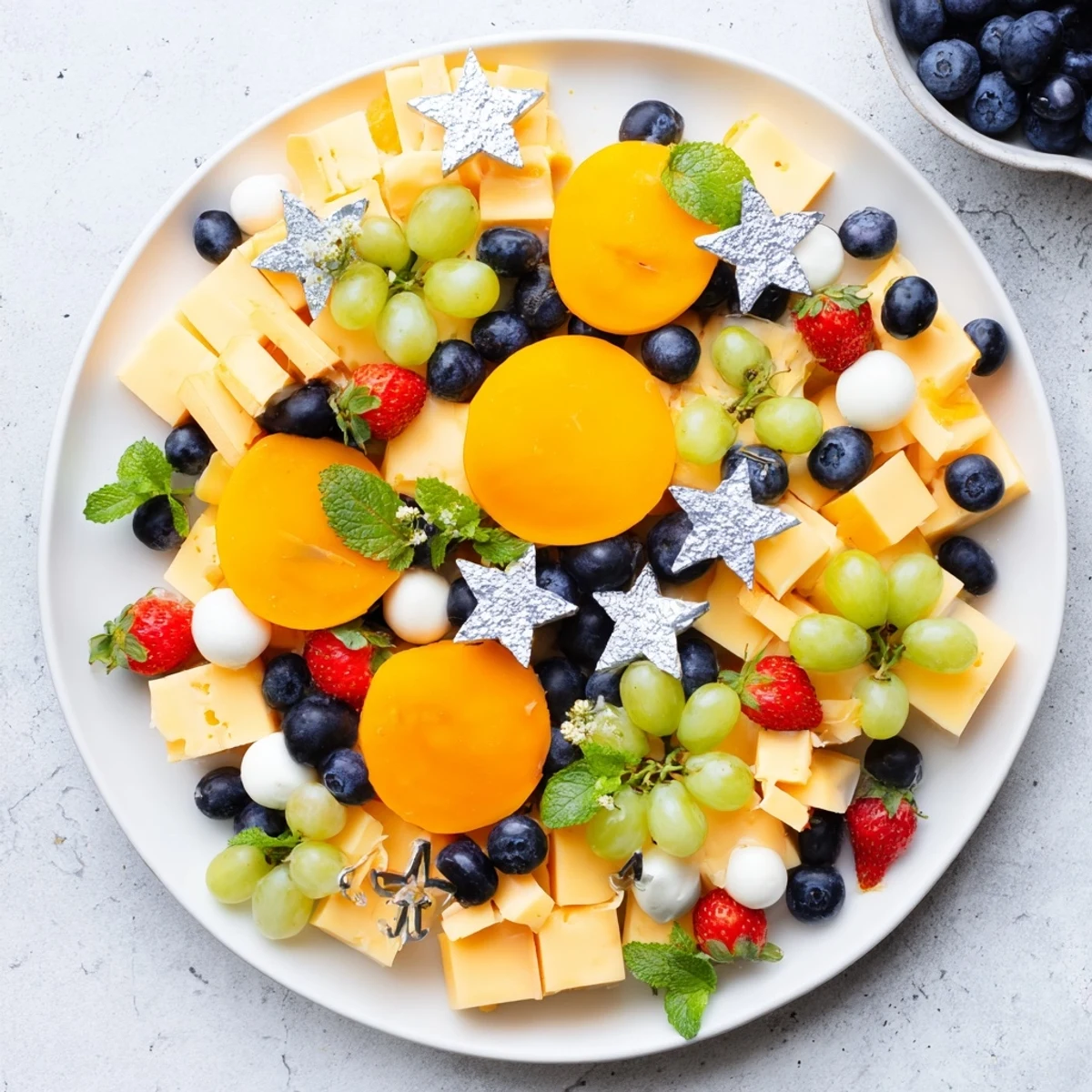 Vibrant Comet & Planet Grazing Tray with colorful fruits, cheeses, and dips, perfect for parties.