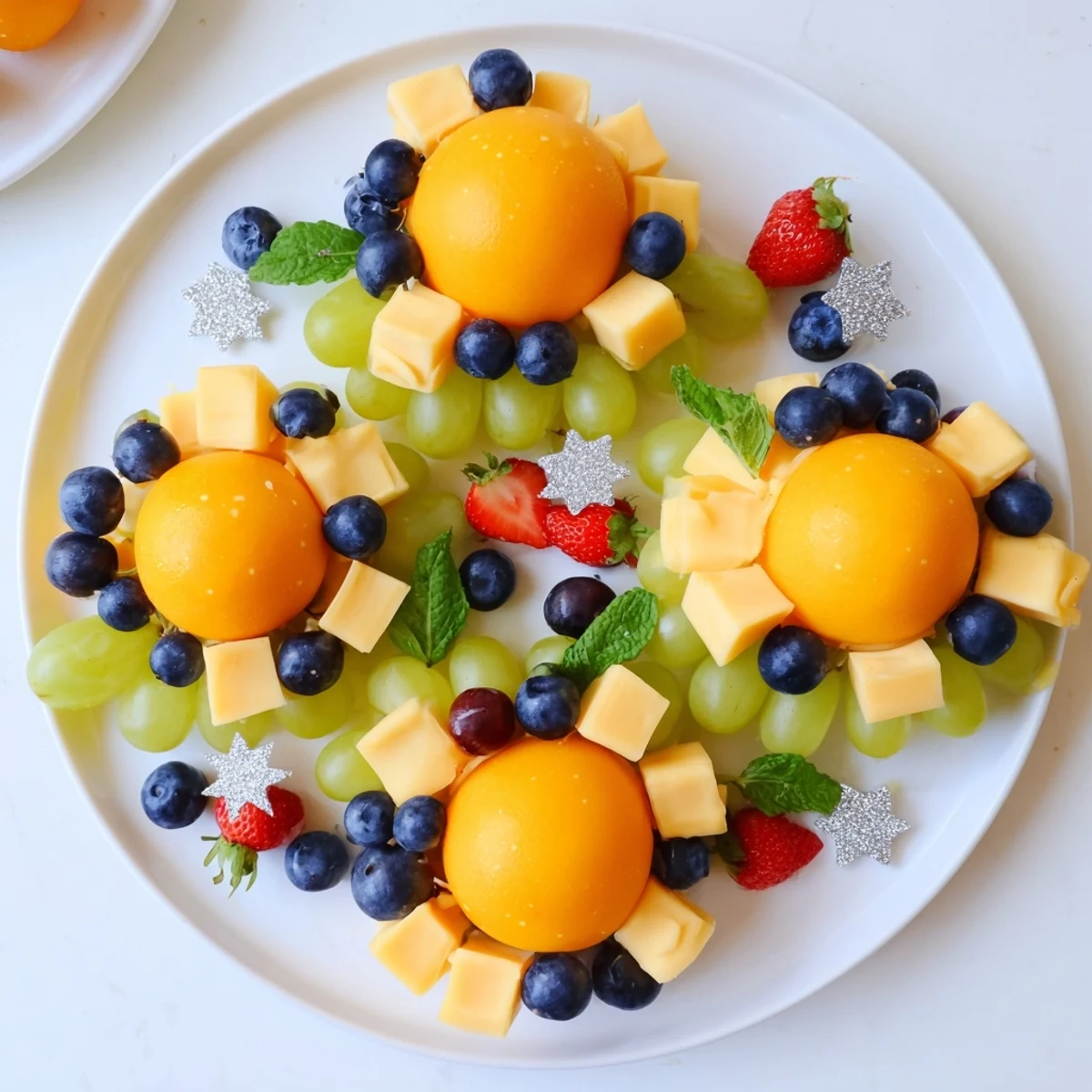 A visually stunning Comet & Planet Grazing Tray with gouda planets, sweet fruit stars, and savory crackers.