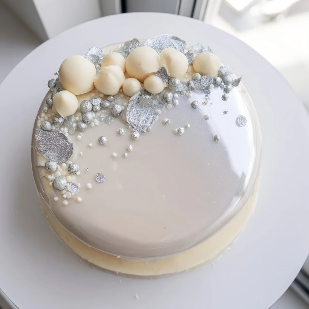 Elegant Diamond Ring Engagement Cake, featuring a stunning mirrored glaze and edible silver leaf, a sweet treat.