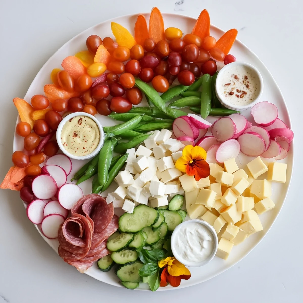 Elegant Dragonfly Dance Appetizer Tray with vibrant vegetables, cheeses, and cured meats.