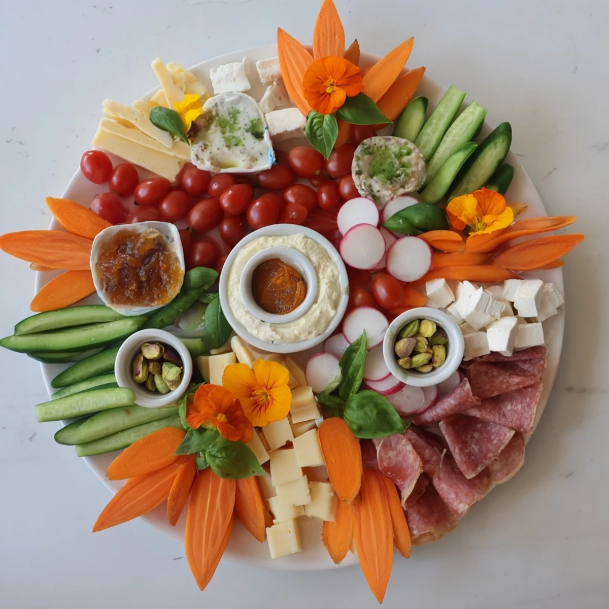 A delicious Dragonfly Dance Appetizer Tray offers cheeses, meats, crackers, and dips.