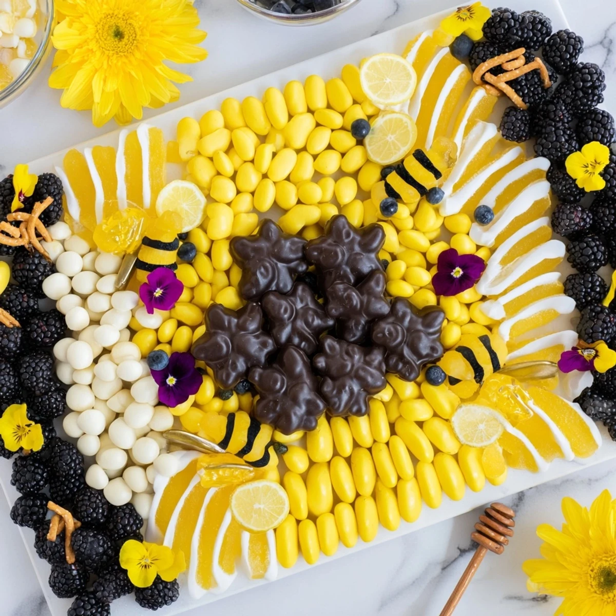 Vibrant bumblebee candy board overflowing with yellow, black, and fresh fruit for a cheerful treat.