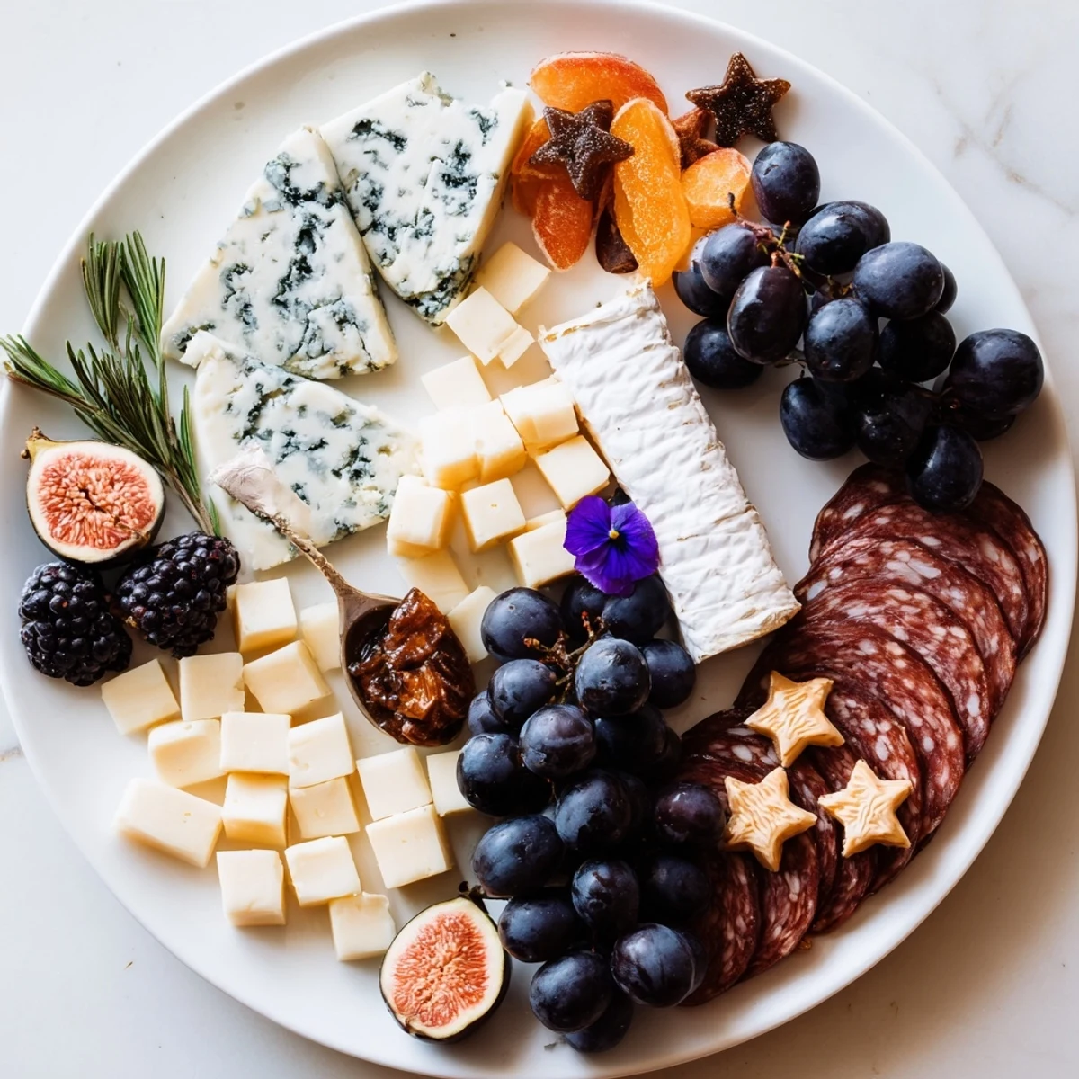Celestial Night Board grazing board with artisan cheeses, fruits, and stars; perfect for entertaining.