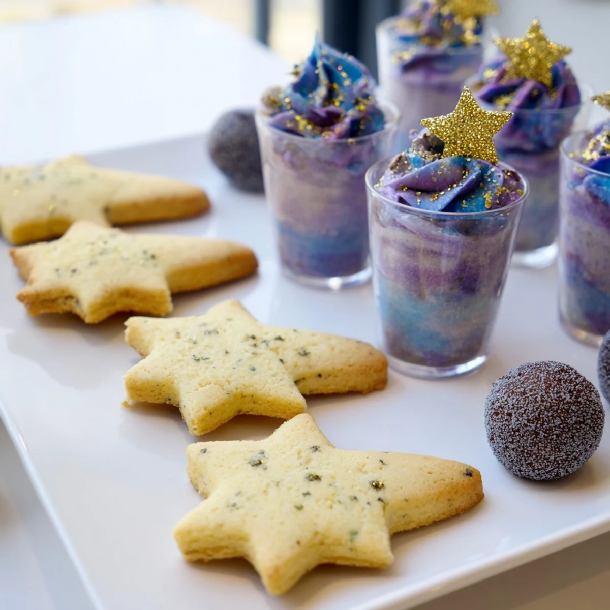 Stargazers Dessert Platter: A delightful array of treats, including lemon stars and galaxy mousse, ready to serve.