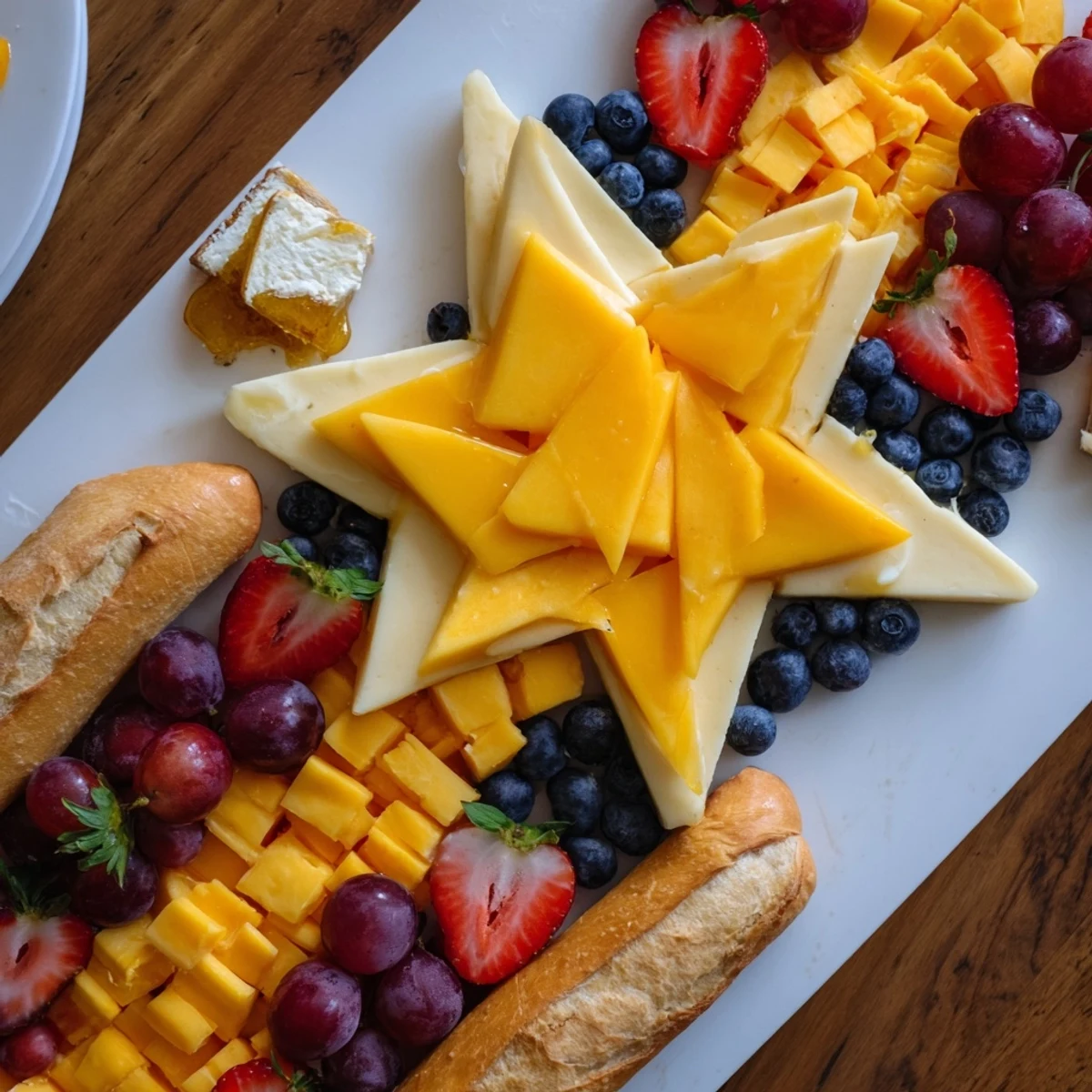 Shooting Star Snack Board features colorful fruits, cheeses, crackers, treats, and nuts, perfect for festive gatherings.