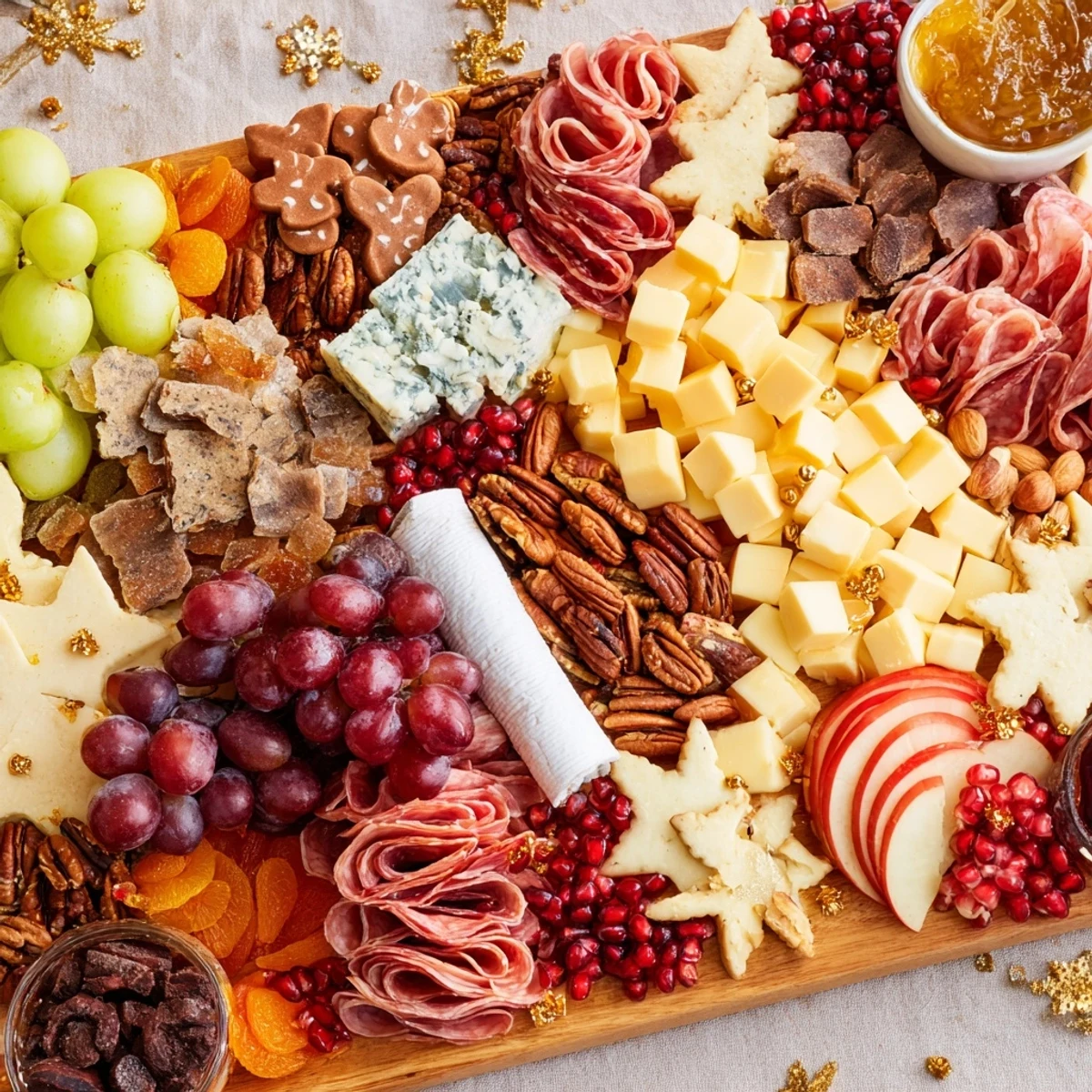 A gorgeous Shining Bright Christmas 2025 Board with vibrant fruits and assorted cheeses.