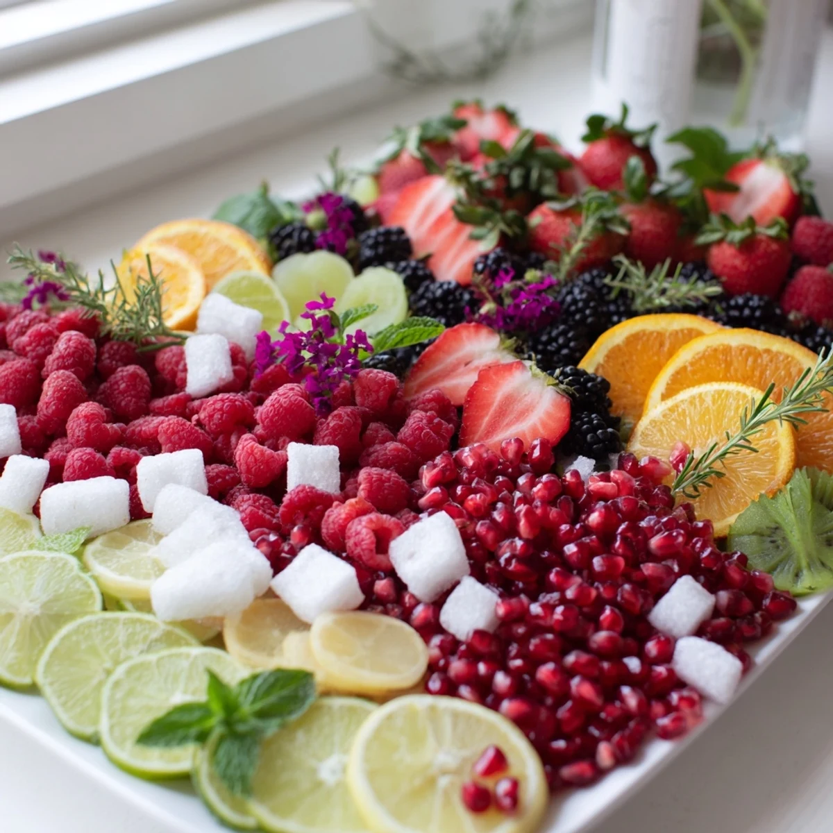 A beautifully arranged Bubbly Bar New Years Eve Garnish Tray with glistening fruit and fresh herbs.
