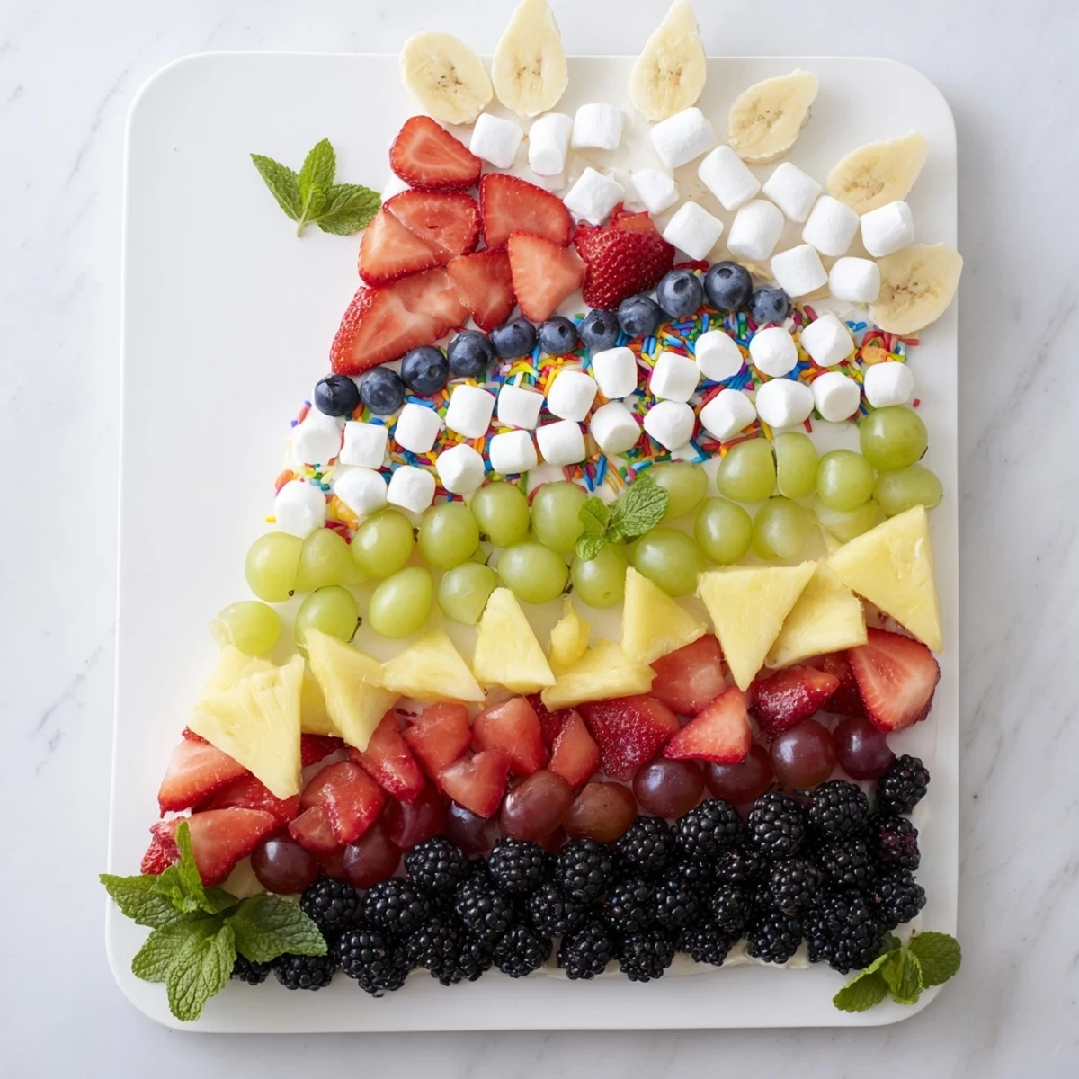 Festive Happy Birthday Cake Slice Fruit Board with a colorful array of fresh, sweet fruits.