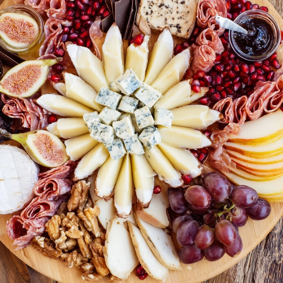 Éclat d’Étoiles Planche de Noël: A starburst charcuterie board overflows with cheeses, fruits, and meats for holiday joy.