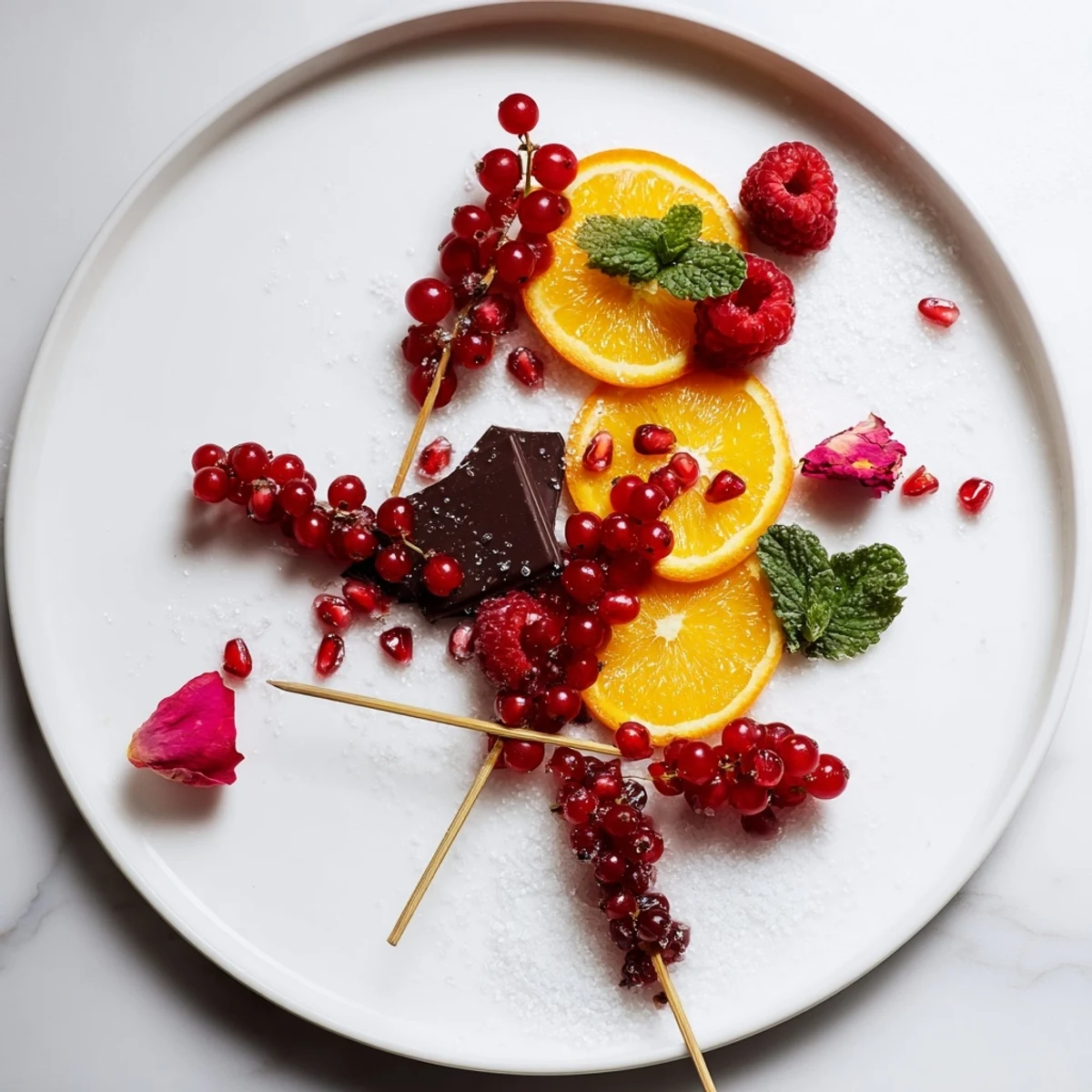 A close-up of elegant Baisers de Minuit cocktail garnishes with fresh fruit and sparkle.