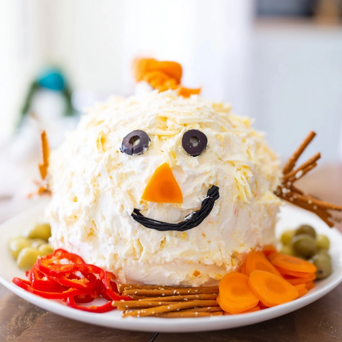 Creamy Melted Snowman Dip Bowl, shaped like melting snow, surrounded by crackers and veggies.