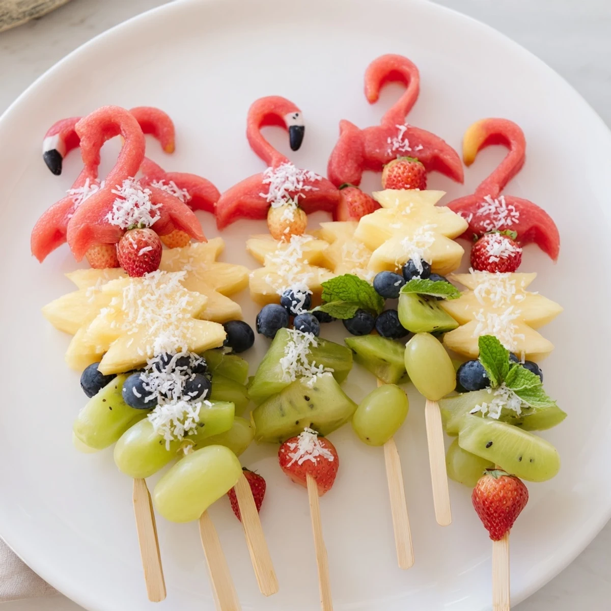 Vibrant Flamingo Fruit Skewer Platter, bursting with juicy pineapple, strawberries, and melon, ready to enjoy.