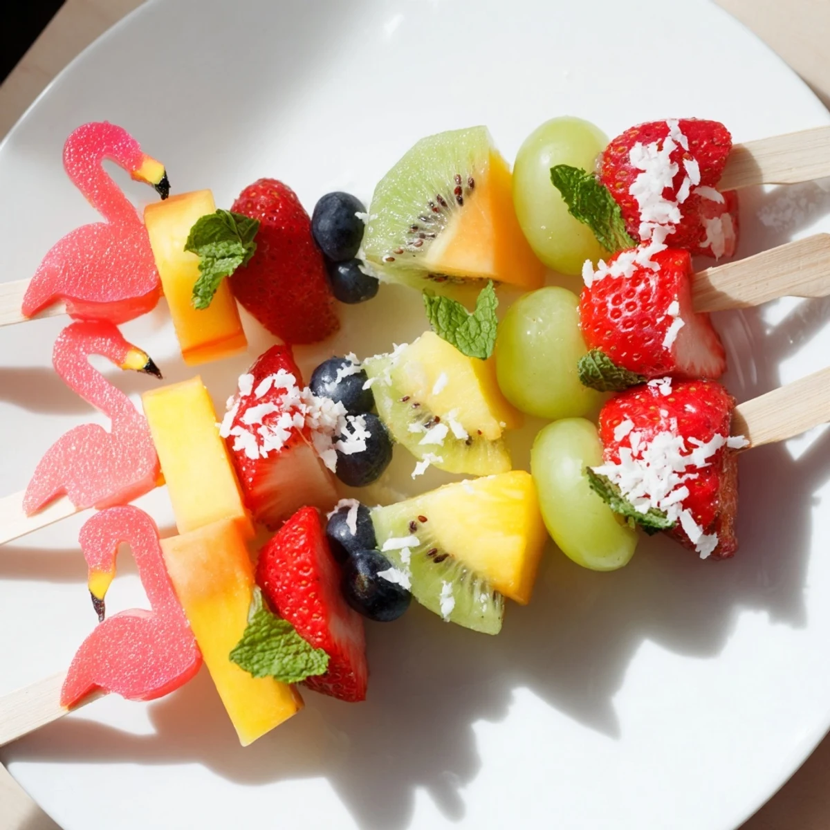 Colorful Flamingo Fruit Skewer Platter, a delightful mix of tropical fruits artfully arranged for a summer snack.