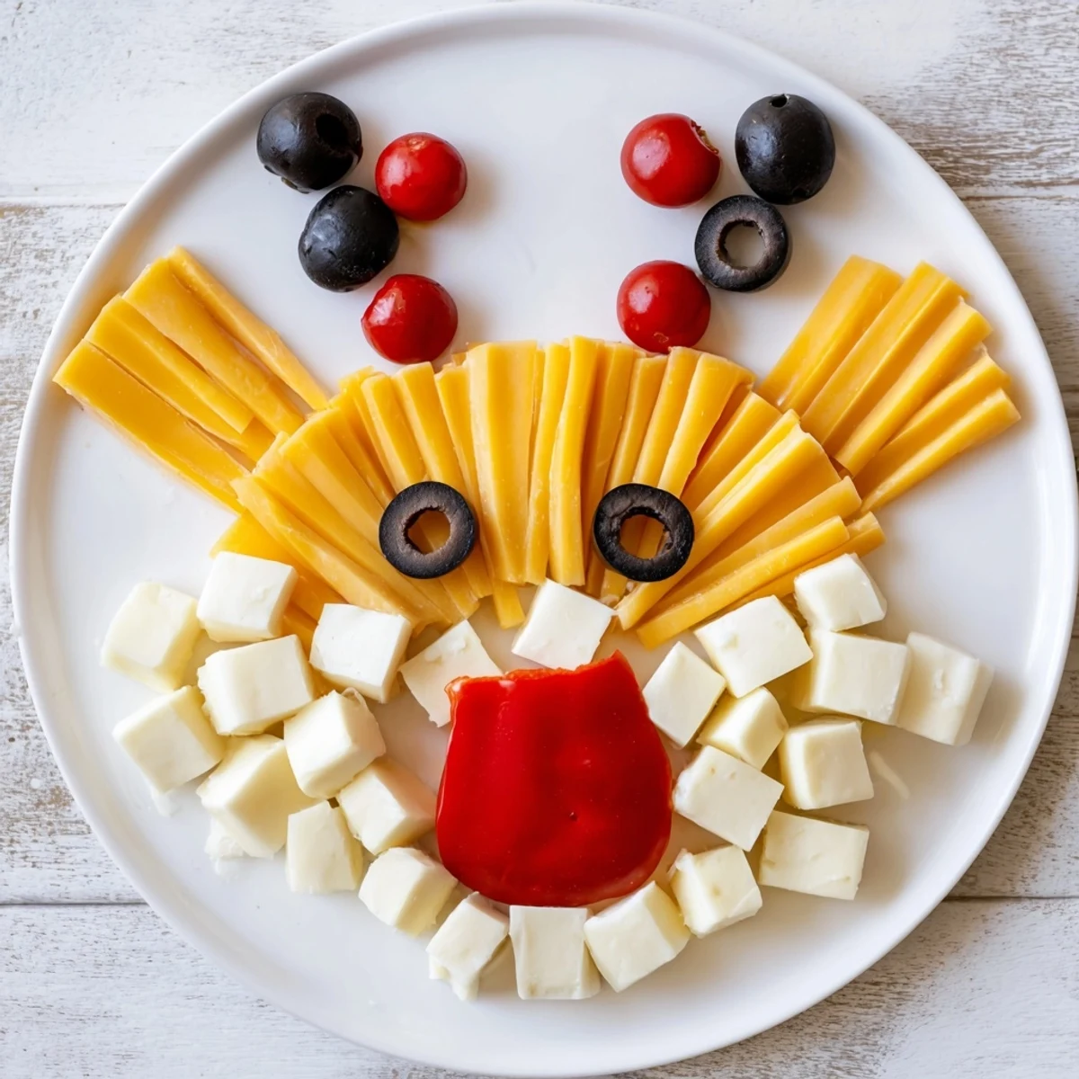 Cheesy Reindeer Face Platter: a festive spread of cheddar, mozzarella, and gouda arranged on a platter.