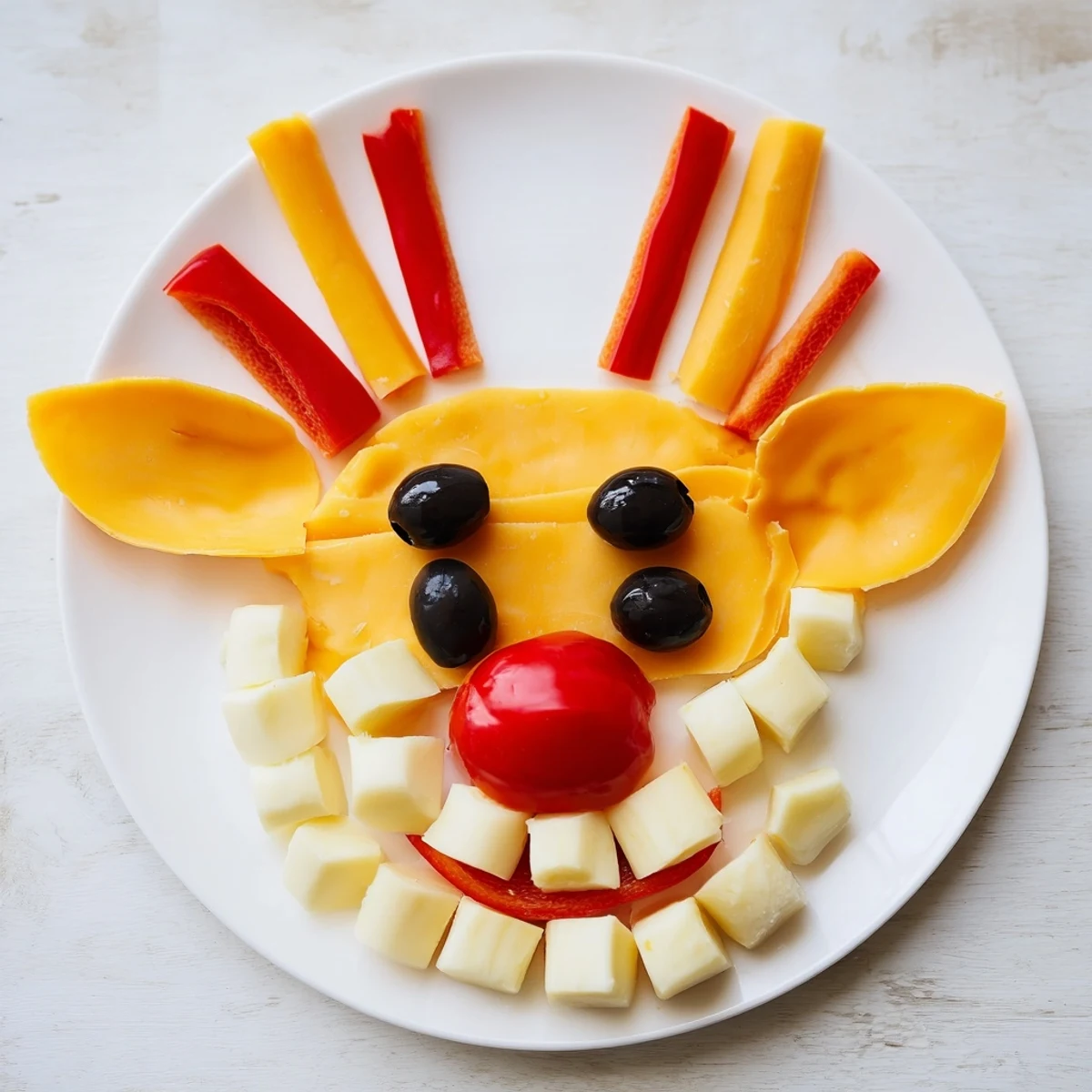 Get ready for the Cheesy Reindeer Face Platter, a cute and savory cheese snack for kids.
