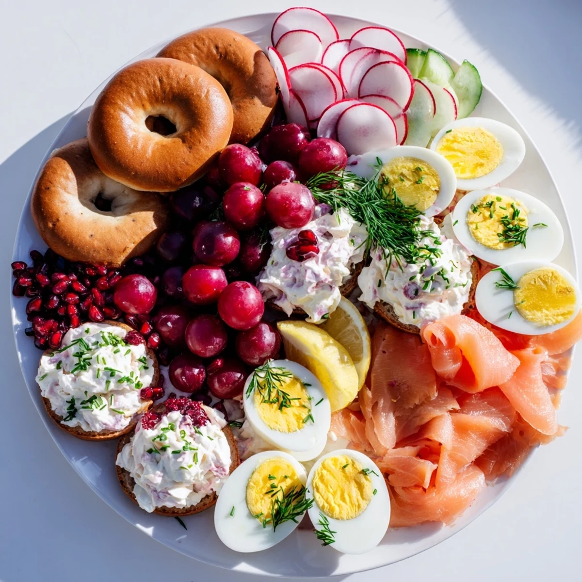 Cranberry Sleigh Bagel Board: A beautifully arranged bagel platter with colorful cranberries, vibrant garnishes, and cream cheese.