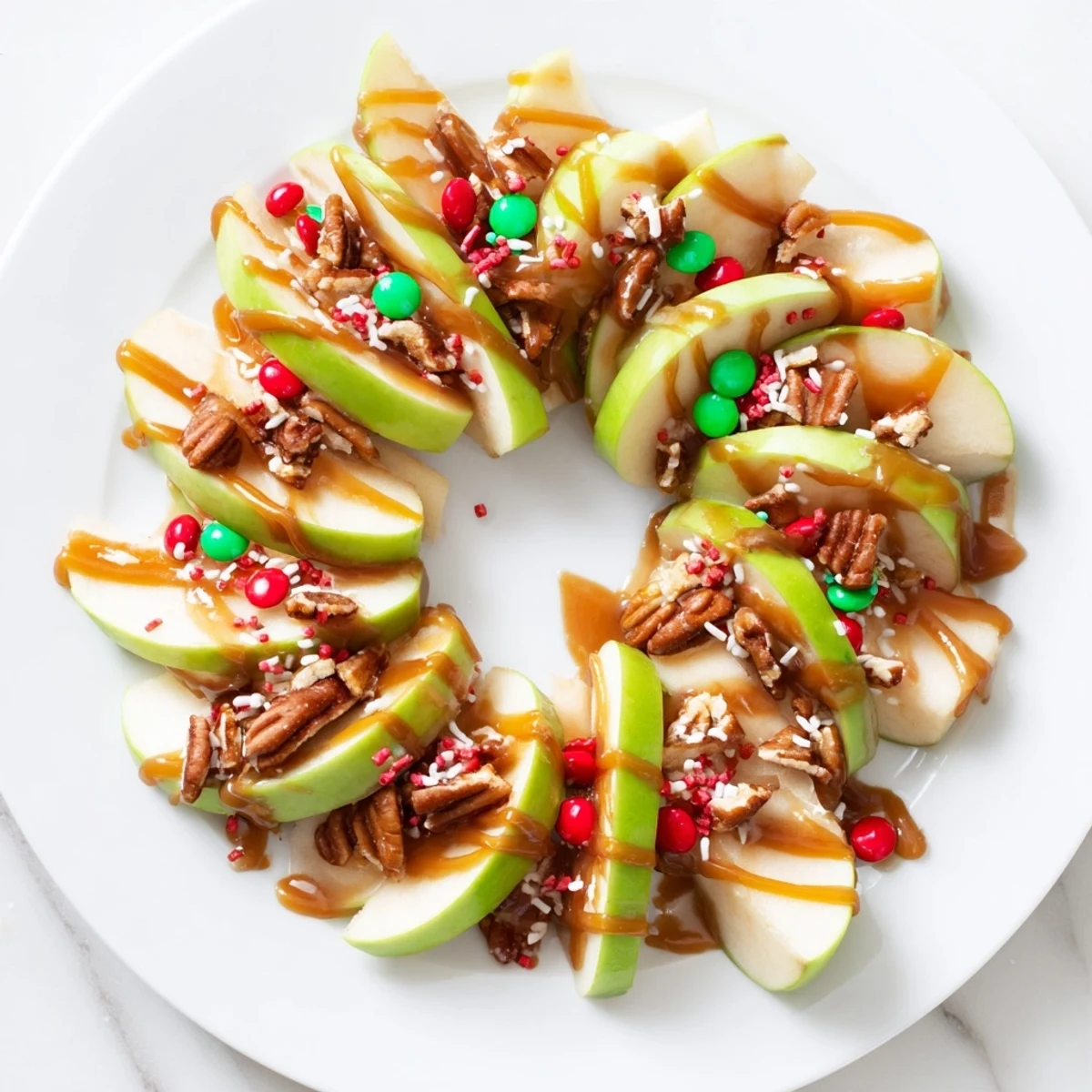 This Caramel Apple Slice Christmas Wreath features crisp apples arranged beautifully, ready for a holiday dessert.