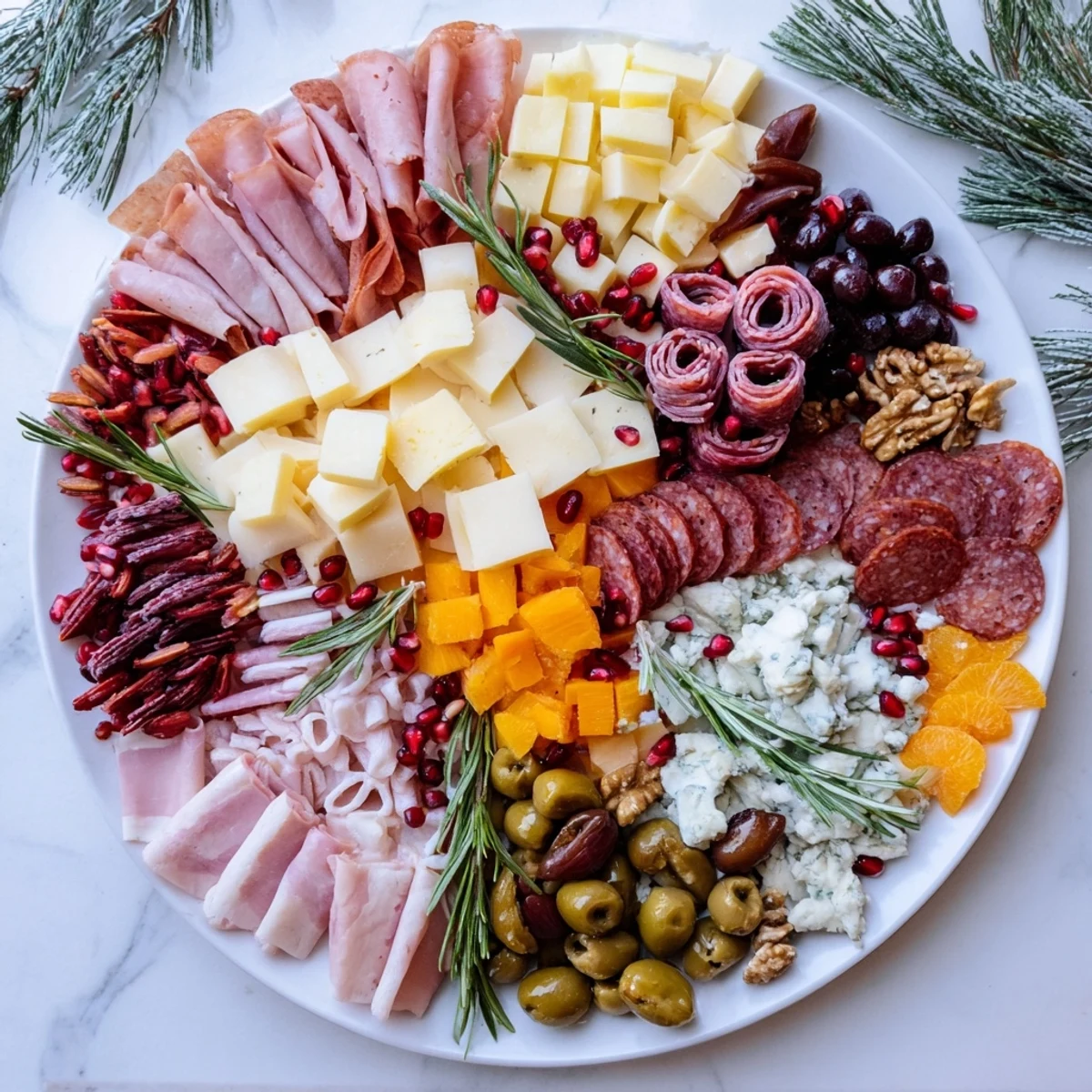 Festive Winter Forest Charcuterie arrangement, a delicious combination of meats, cheeses, and colorful garnishes.
