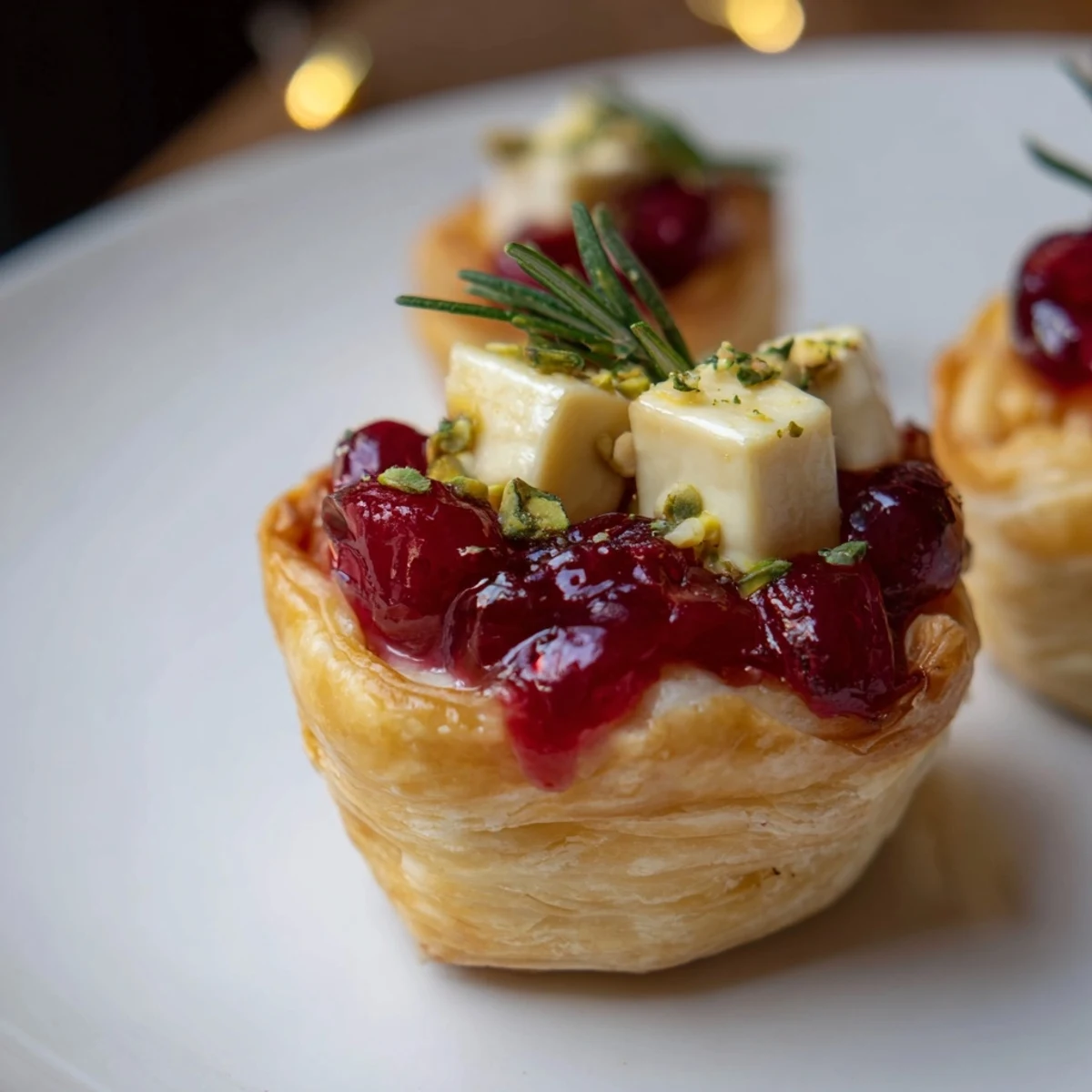 Golden, bubbly Cranberry Brie Bites Wreath, a delicious appetizer with fresh rosemary and pistachios.