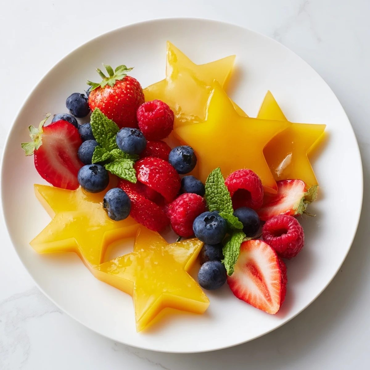 A gorgeous starfruit and berry platter, a mix of juicy, sweet berries with star-shaped starfruit slices.