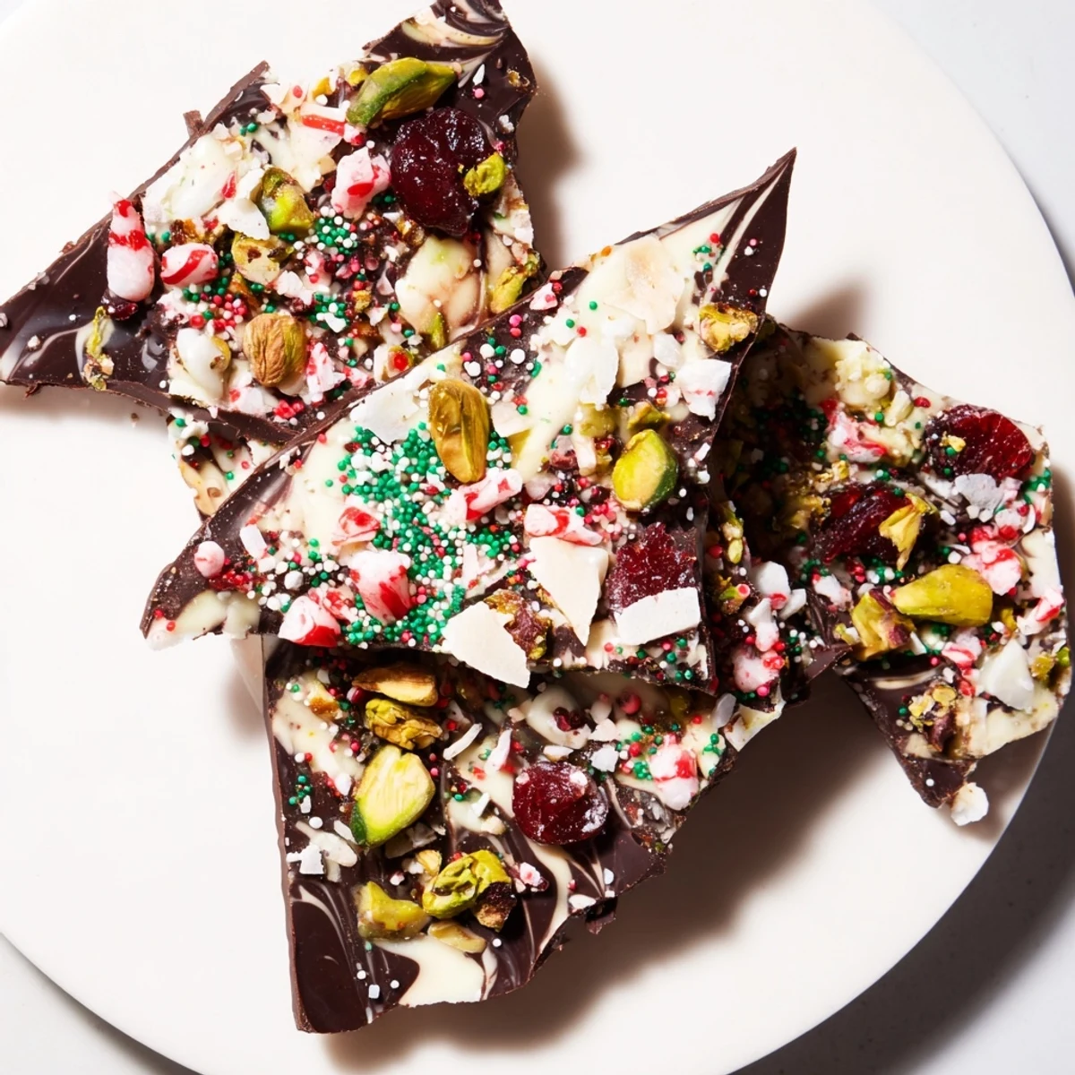 Close-up of the finished holiday bark, featuring swirling white chocolate and crushed peppermint toppings.