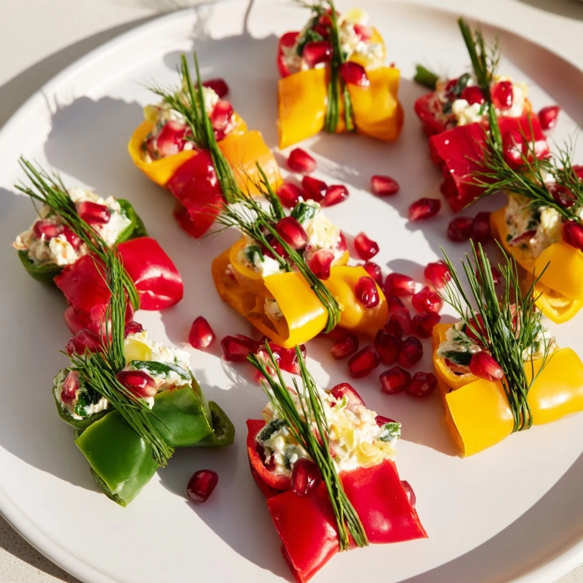 Close-up of freshly made bell pepper Christmas bows with a rich cream cheese filling and garnish.